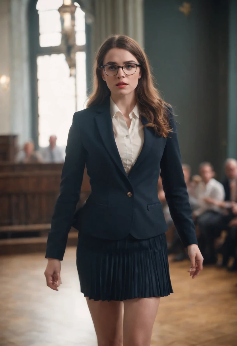 25 yo catholic schoolgirl in blazer and pleated skirt wearing glasses, nervous, anxious, mary katherine gallagher on stage, erotic pose