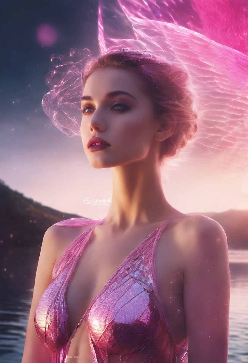 ((half length portrait)), RAW photo, full color, high resolution photograph of a 18 yo woman, close up, goddess, photorealistic, cinematic, dramatic, perfect face, well formed facial features, short hair, wing eyeliner, dark make up, dark lips, small breasts, perfectly formed breasts, topless, iridescent pink grecian clothing, beautiful flowing pink skirt, intricate fabric, transparent iridescent skirt, by a lake, emerging from the lake, wet clothes, wet skin, morning sunshine, lens flare, short depth of field, low contrast, shadows, accurate face, high quality, detailed facial features, accurate hands, erotic pose, sensual, pre-raphaelite, j.w waterhouse