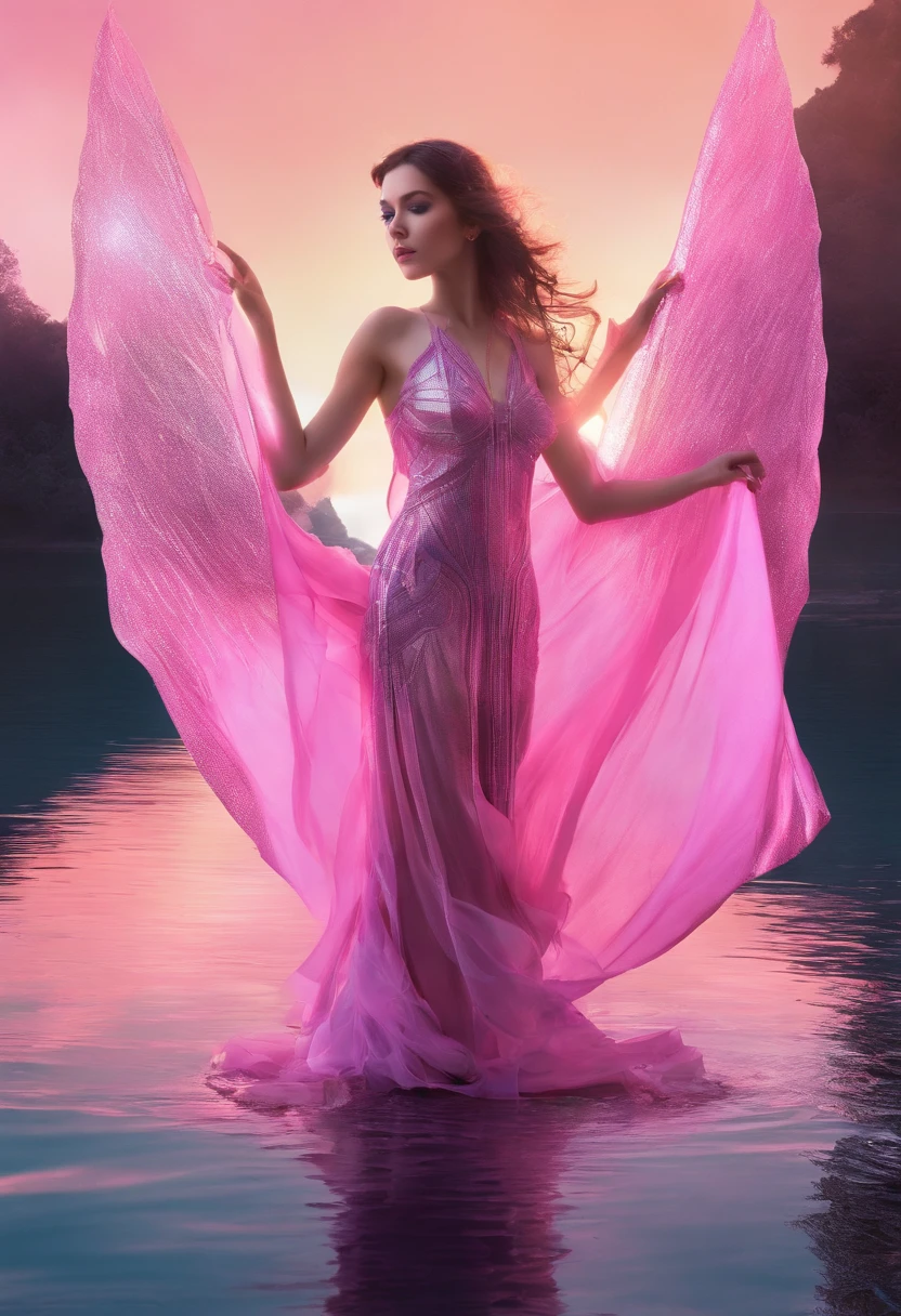 ((half length portrait)), RAW photo, full color, high resolution photograph of a 18 yo woman, close up, goddess, photorealistic, cinematic, dramatic, perfect face, well formed facial features, short hair, wing eyeliner, dark make up, dark lips, small breasts, perfectly formed breasts, topless, iridescent pink grecian clothing, beautiful flowing pink skirt, intricate fabric, transparent iridescent skirt, by a lake, emerging from the lake, wet clothes, wet skin, morning sunshine, lens flare, short depth of field, low contrast, shadows, accurate face, high quality, detailed facial features, accurate hands, erotic pose, sensual, pre-raphaelite, j.w waterhouse