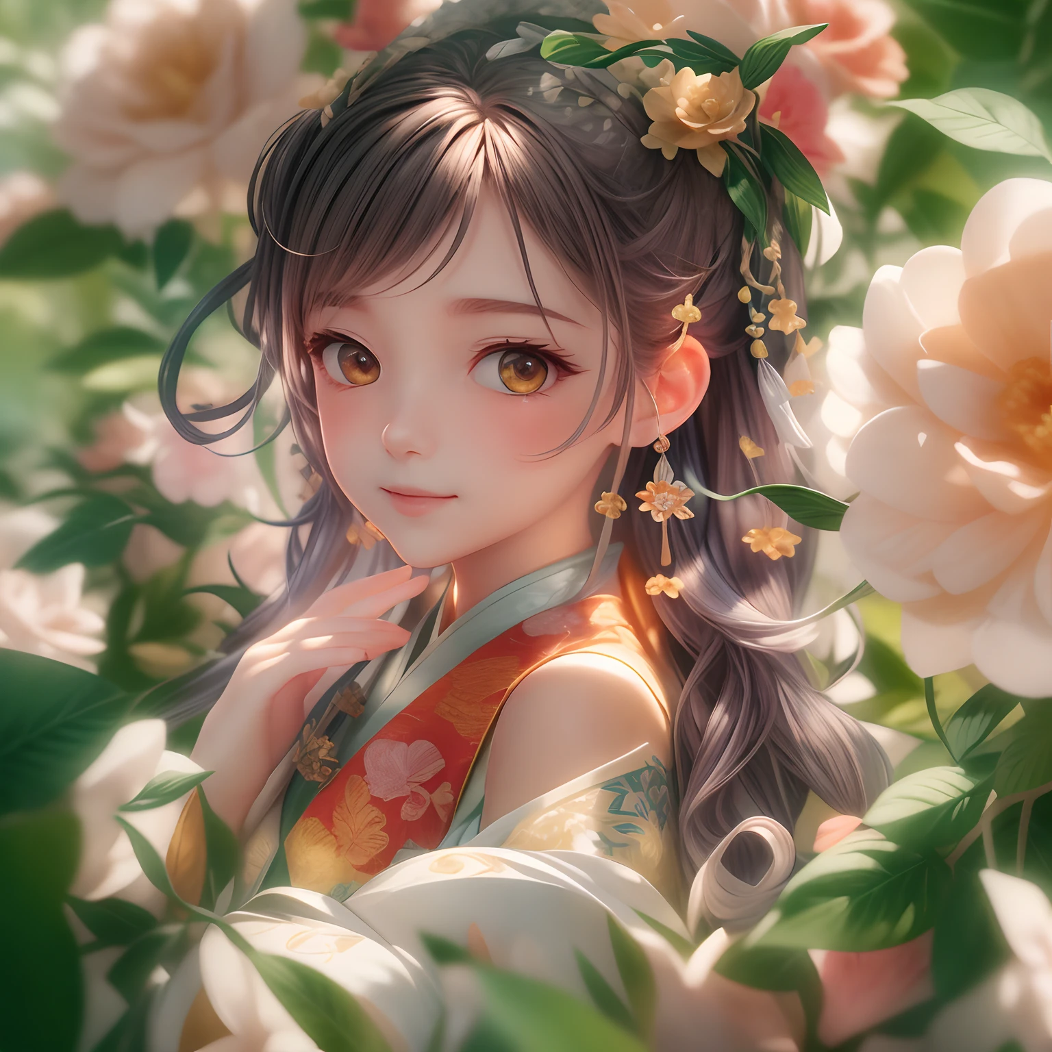 Movie Angle,(A cute girl single,anatomy correct,full bodyesbian,Masterpiece camellia,Representative work Hanfu,ssmile),(illustratio,paper art,3Drenderingof),(plethora of colors,Best quality,high detal,tmasterpiece,Cinematic lighting effects,4K,Chiaroscuro)