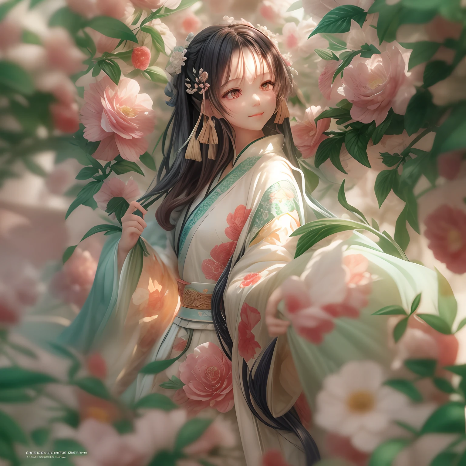 Angle,(Cute girls,anatomy correct,full bodyesbian,Masterpiece camellia,Representative work Hanfu,ssmile),(illustratio,paper art,3Drenderingof),(plethora of colors,Best quality,high detal,tmasterpiece,Cinematic lighting effects,4K,Chiaroscuro)