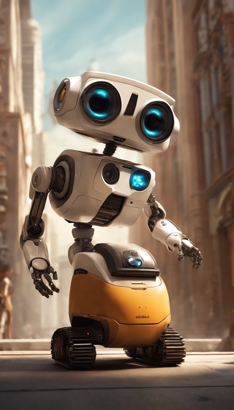 in a future dead city, escrevendo no live, na sala com livros, wide vision, ultra realista, altamente detalhado, pintura digital, arte conceitual, suave, foco nítido, tiro grande angular , Wall-E , babysitter, cute , with a cute baby , There is a cute robot standing in the future city play with a cute baby, which is a very cute robot, cute elaborate epic robot, beautiful robot character design,  ??? Robot, Portrait of a futuristic robot, robotic mixed with organic, Future Robot, humanoid character, concept robot, White Robot, robot concept art, Steampunk Robot ,wall-E, (masterpiece,extreme detailed,top quality)
