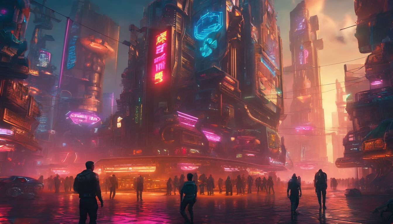 sci fi people standing surrounded by huge sci fi robotic cyborg city with intricate mechancial and sci-fi details, insane level of details, hyper realistic, cinematic, composition