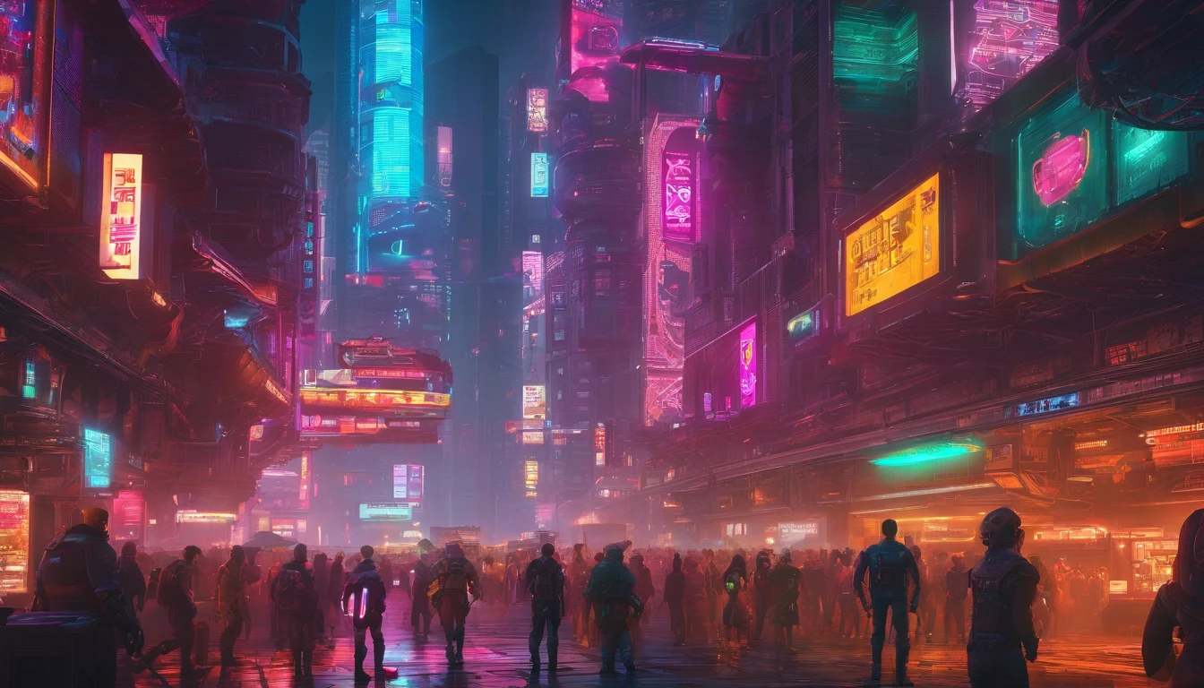 sci fi people standing surrounded by huge sci fi robotic cyborg city with intricate mechancial and sci-fi details, insane level of details, hyper realistic, cinematic, composition