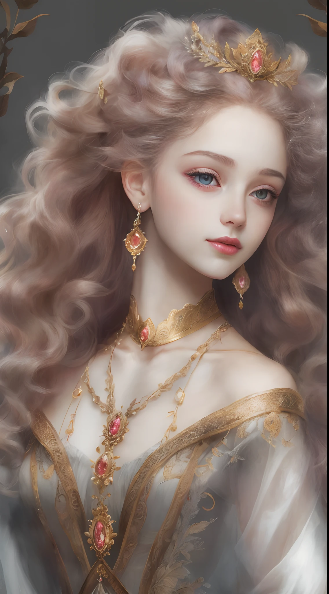 (Best quality, 4K, 8K, A high resolution, Masterpiece:1.2), Ultra-detailed, Realistic portrait of the upper body of an 18 year old aristocratic girl, Exquisite facial features，Clear and shiny eyes，Long curly hair details expressed, The posture is leisurely and natural，Graceful posture, The golden ratio of the head and body，Dreamy atmosphere, expressive brush strokes, mystical ambiance, Artistic interpretation,Delicately coiled hair，Floral filigree crystal diamond jewelry，Ultra-extreme detail，Exquisite details，Fresh aesthetics，Stunning intricate costumes, Fantasy illustration, Subtle colors and tones, mystical aura,The details have been upgraded