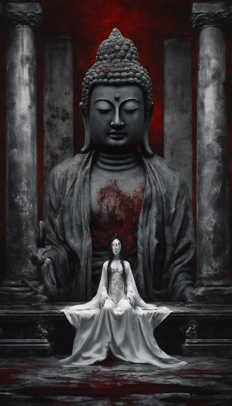 Blood red room, Flashing white TV screen, BUDDHA STATUE, cabelos preto e longos, with hair dishevelled, Cover one eye and face, Bright red eyes, Wearing a white transparent robe, Looming full breasts,liquor,Devil, reaching out her hands,Straighten your body, Red nails are exposed, Pinch the camera, hyper HD, Anatomically correct, Textured skin, Super detail, High details, High quality, A high resolution, 8K, hyper HD, Anatomically correct, Textured skin, Super detail, High details, High quality, Best quality, 8K,Leishnampo,Room 2,Horror