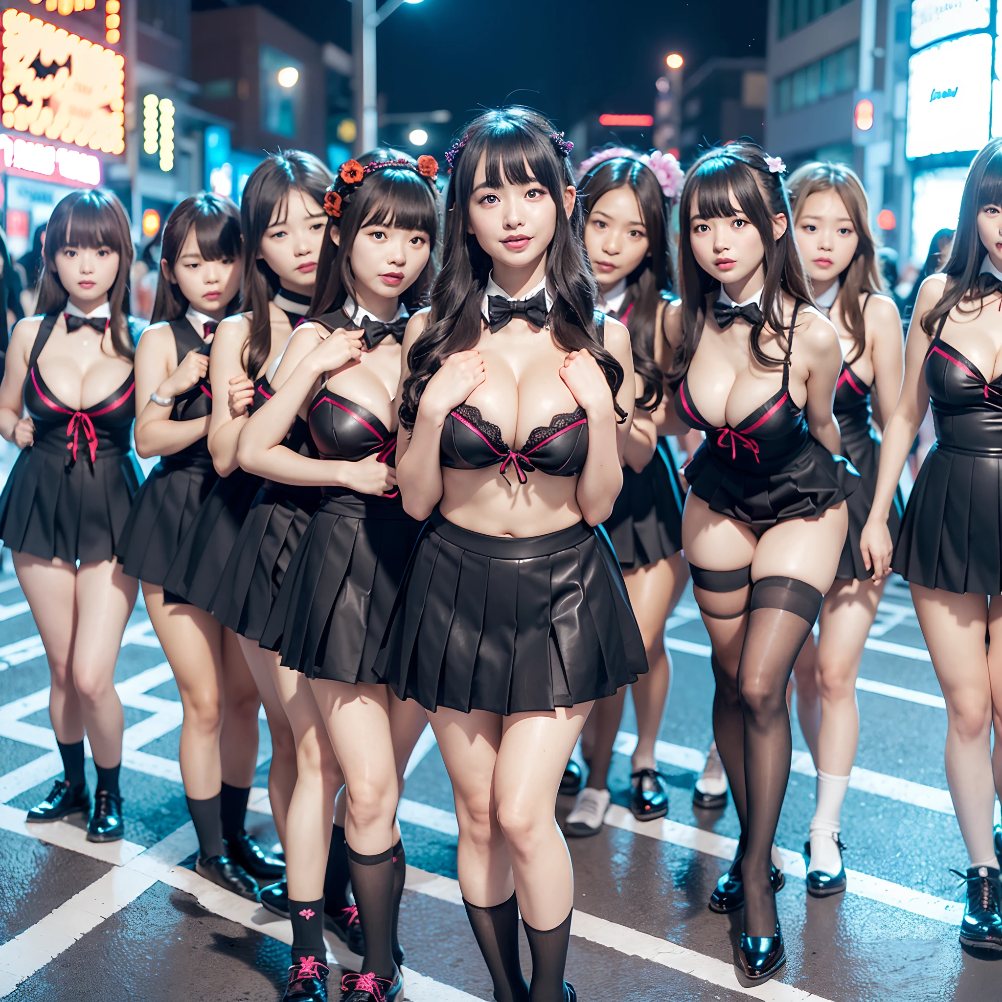 (((SFW, 12 Tiny Girls in a row:1.2, Shibuya Hachiko-mae scramble crossing on Halloween:1.2))), (masterpiece:1.2, best quality, photorealistic:1.37), {(Standing Full Body:1.2)|(from below:1.2)}, short silver hair, {School Uniform|naked bandage|tutu}, (Detailed KAWAII face, Detailed Oily Porcelain skin), {Bustling street|(Passerby schoolgirls)| halloween| neon}, {(Childish:1.2|Gigantic Cleavage:1.37|Underboob:1.2)}, {flower wreath|Red leather high collar}, {Floating hair|Strong wind|Ass focus},{:p|:d|laugh|sparkle|joyful|delighted},extremely Detailed,