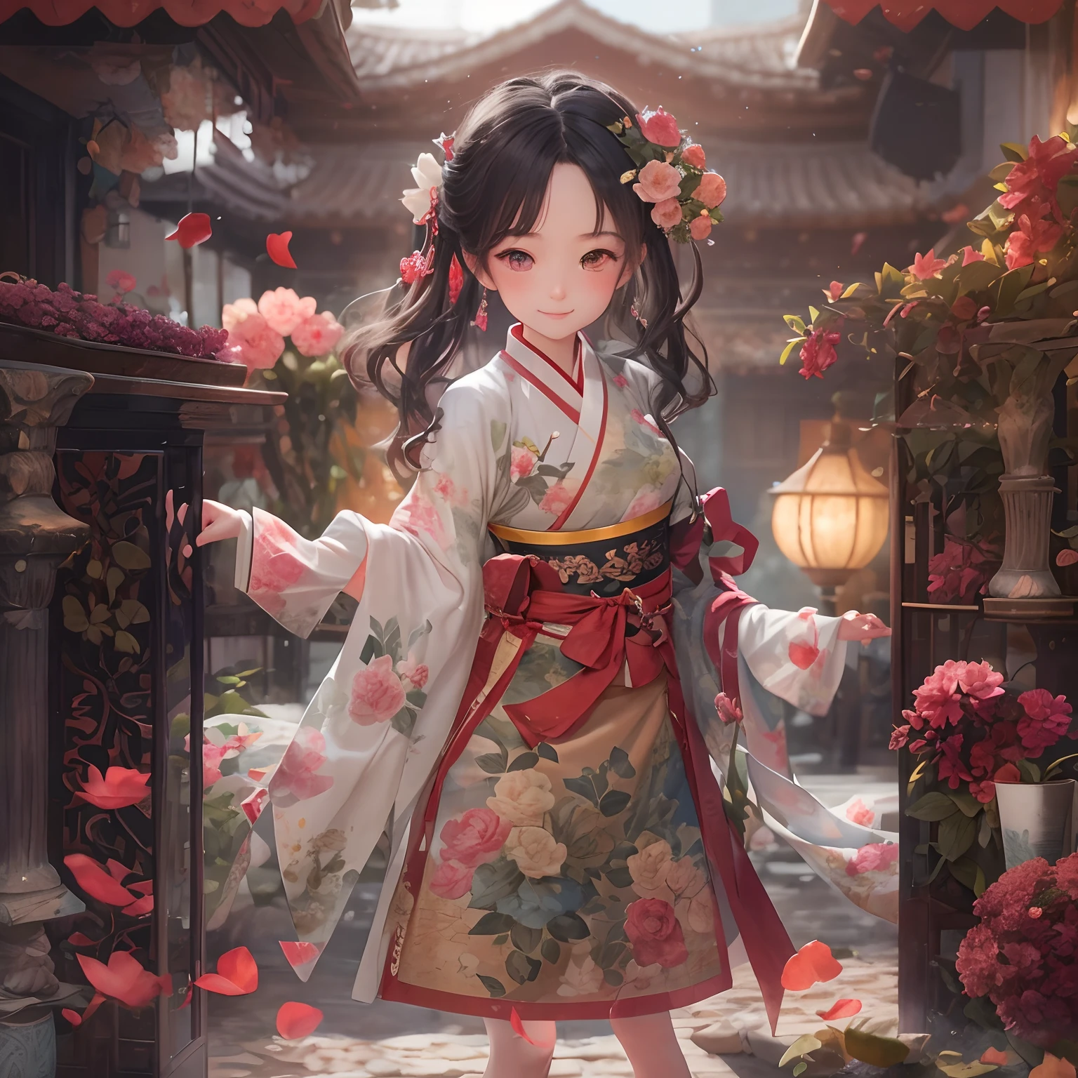 Movie Angle,(A cute girl,Single,anatomy correct,full bodyesbian,Masterpiece camellia,Masterpiece Hanfu,ssmile),(illustratio,paper art,3Drenderingof),(plethora of colors,Best quality,high detal,tmasterpiece,Cinematic lighting effects,4K,Chiaroscuro)