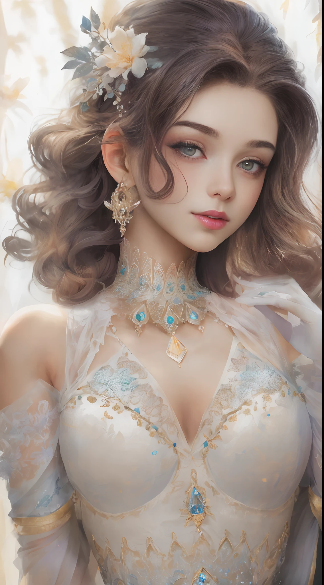 (Best quality, 4K, 8K, A high resolution, Masterpiece:1.2), Ultra-detailed, Realistic portrait of the upper body of an 18 year old aristocratic girl, Exquisite facial features,Clear and shiny eyes,Long curly hair details expressed, The posture is leisurely and natural,Graceful posture, The golden ratio of the head and body,Dreamy atmosphere, expressive brush strokes, mystical ambiance, Artistic interpretation,Delicately coiled hair,Floral filigree crystal diamond jewelry,Ultra-extreme detail,Exquisite details,Fresh aesthetics,Stunning intricate costumes, Fantasy illustration, Subtle colors and tones, mystical aura,The details have been upgraded