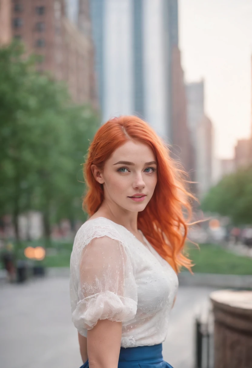 1girl, nude, young, happy, green/orange/pink hair, energetic, blue skirt, white blouse, freckles, she's a wizard , windy background in the city of Chicago, photorealistic, bright lighting, detailed