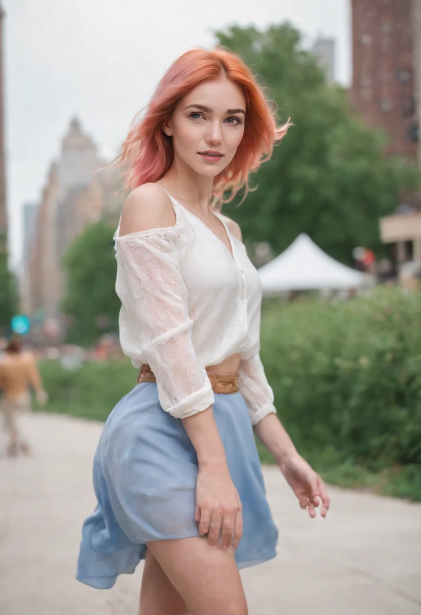 1girl, nude, young, happy, green/orange/pink hair, energetic, blue skirt, white blouse, freckles, she's a wizard , windy background in the city of Chicago, photorealistic, bright lighting, detailed