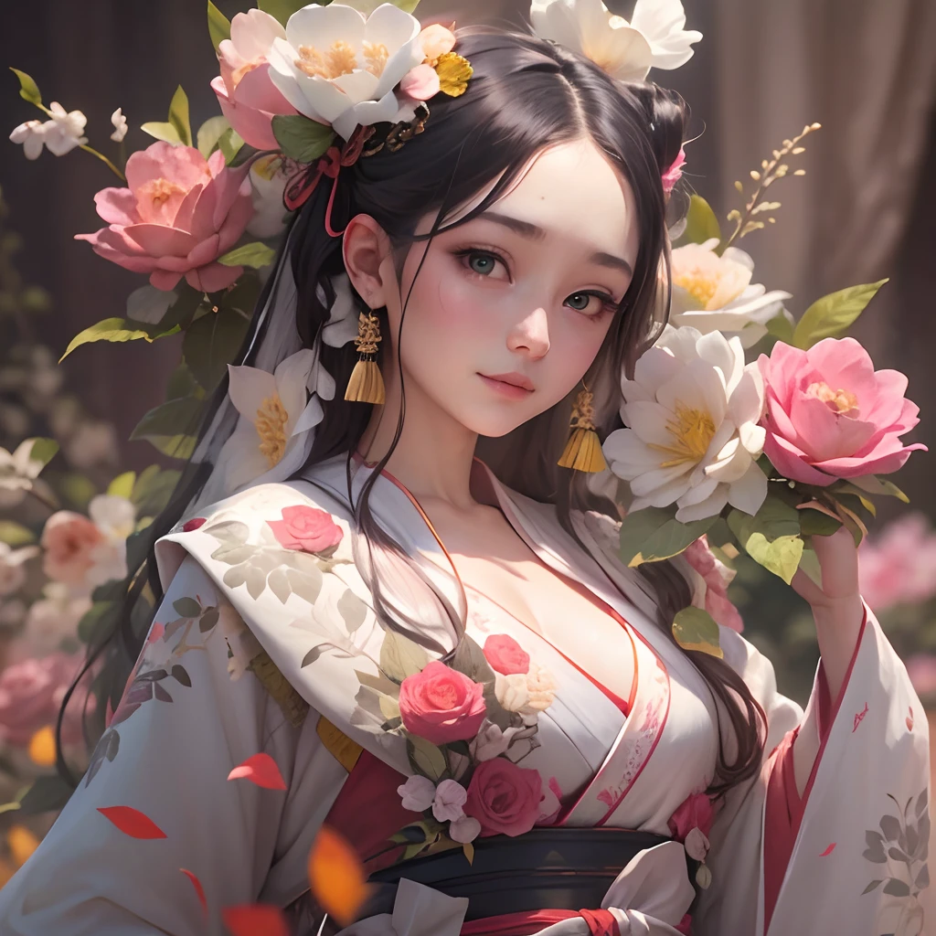 Movie Angle，（A cute girl，A single anatomical structure is correct，full bodyesbian，Masterpiece camellia，Representative works Hanfu，ssmile），（illustratio，paper art，3Drenderingof），（plethora of colors，Best quality，high detal，tmasterpiece，Cinematic lighting effects，4K，Chiaroscuro）