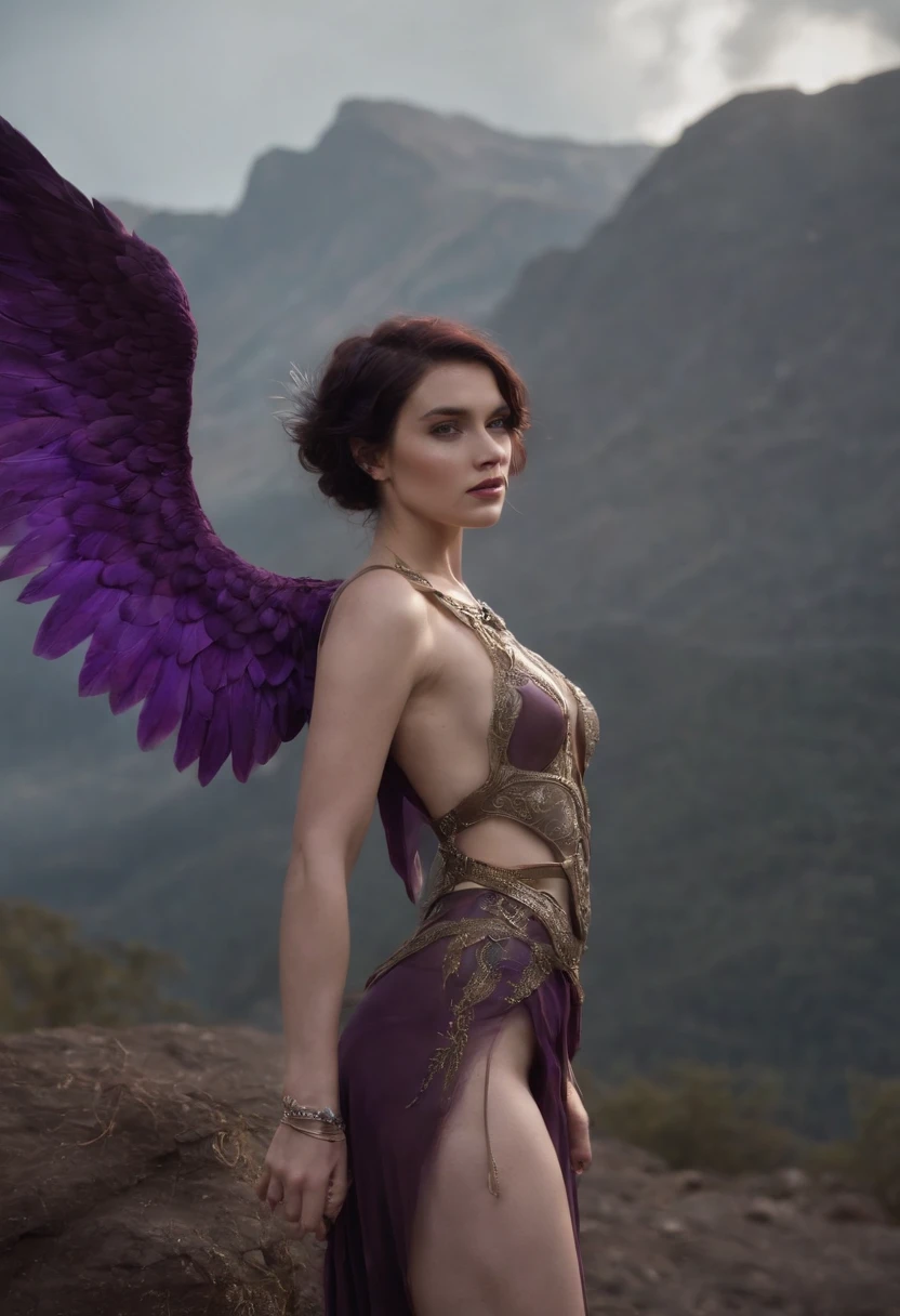 high quality full length portrait,  RAW photo of  european  20yo woman with iridescent angel wings, a warrior, small breasts,  short dark purple hair, natural pale skin texture, jeweled diadem, silver necklace, night, lightning, volcano and mountain background, short depth of field, intricate, elegant, detailed textures, sharp focus, coiled arm band, bracelets, neck chain ultra high pixel detail, cinematic, intricate, cinematic light, concept art, art station, realistic, movie scene, cinematic, high quality, craig mullins and wayne barlowe style, full colors, incredibly detailed, 4k, 8k, erotic, gothic,