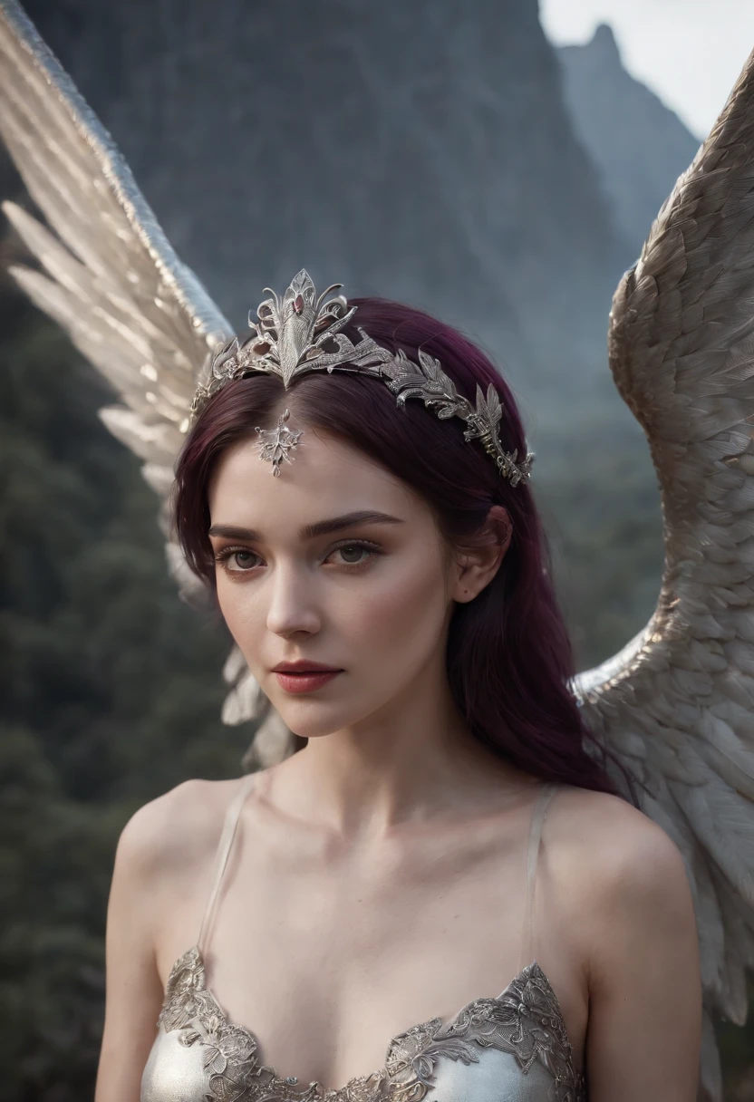 high quality full length portrait,  RAW photo of  european  20yo woman with iridescent angel wings, a warrior, small breasts,  short dark purple hair, natural pale skin texture, jeweled diadem, silver necklace, night, lightning, volcano and mountain background, short depth of field, intricate, elegant, detailed textures, sharp focus, coiled arm band, bracelets, neck chain ultra high pixel detail, cinematic, intricate, cinematic light, concept art, art station, realistic, movie scene, cinematic, high quality, craig mullins and wayne barlowe style, full colors, incredibly detailed, 4k, 8k, erotic, gothic,