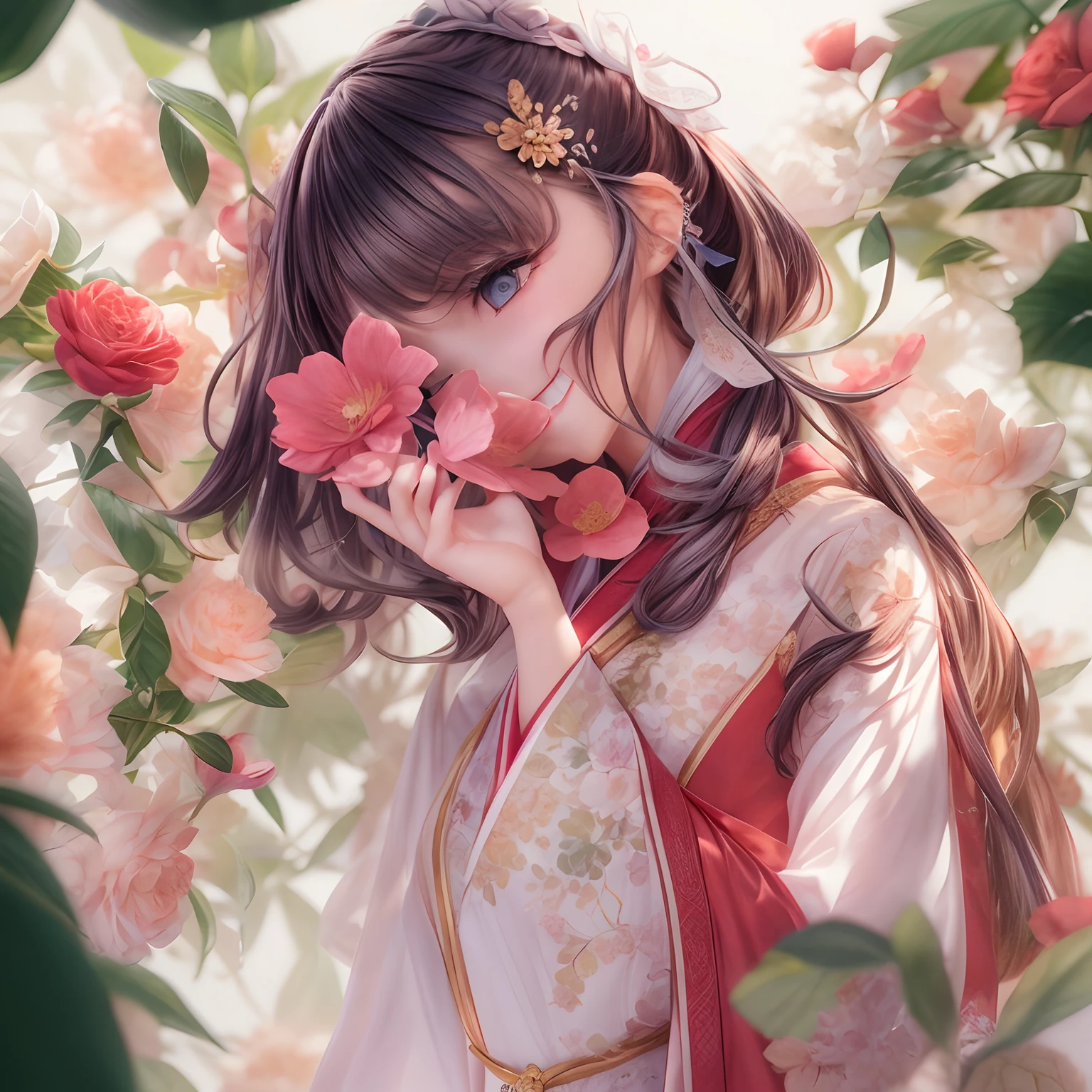 Angle,(A cute girl,Single,anatomy correct,full bodyesbian,Masterpiece camellia,Representative work Hanfu,ssmile),(illustratio,paper art,3Drenderingof),(plethora of colors,Best quality,high detal,tmasterpiece,Cinematic lighting effects,4K,Chiaroscuro)
