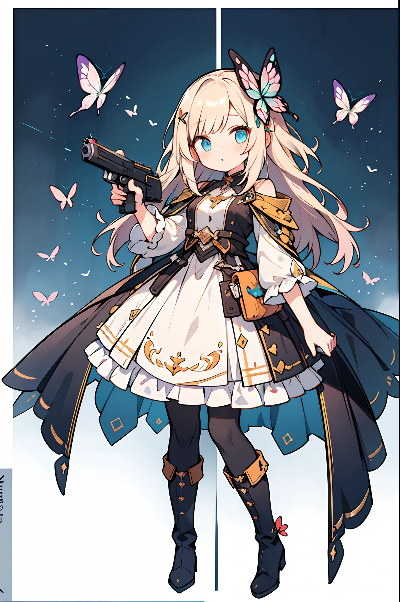 Octane Render、(Hyper-detailing: 1.15)、cinematic lightening、Cute Fantasy Princess、Handgun shooting practice、Fine Pattern Pistol,long boots、ultradetailed eyes、Full Paint、(Floral hair ornament、butterfly hair ornament)、masutepiece、Anatomically correct、blur、depth of fields