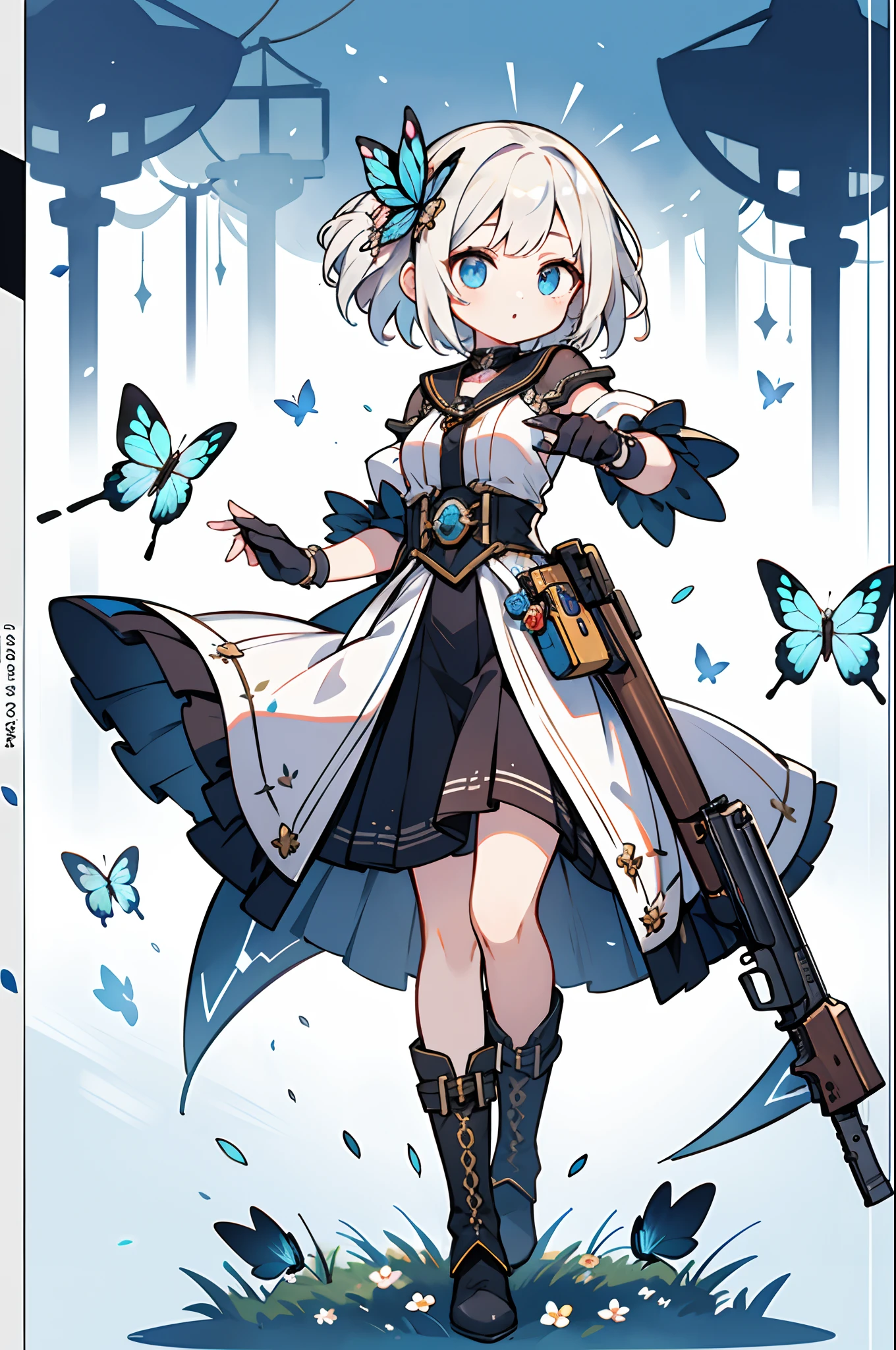 Octane Render、(Hyper-detailing: 1.15)、cinematic lightening、Cute Fantasy Princess、Handgun shooting practice、Fine Pattern Pistol,long boots、ultradetailed eyes、Full Paint、(Floral hair ornament、butterfly hair ornament)、masutepiece、Anatomically correct、blur、depth of fields