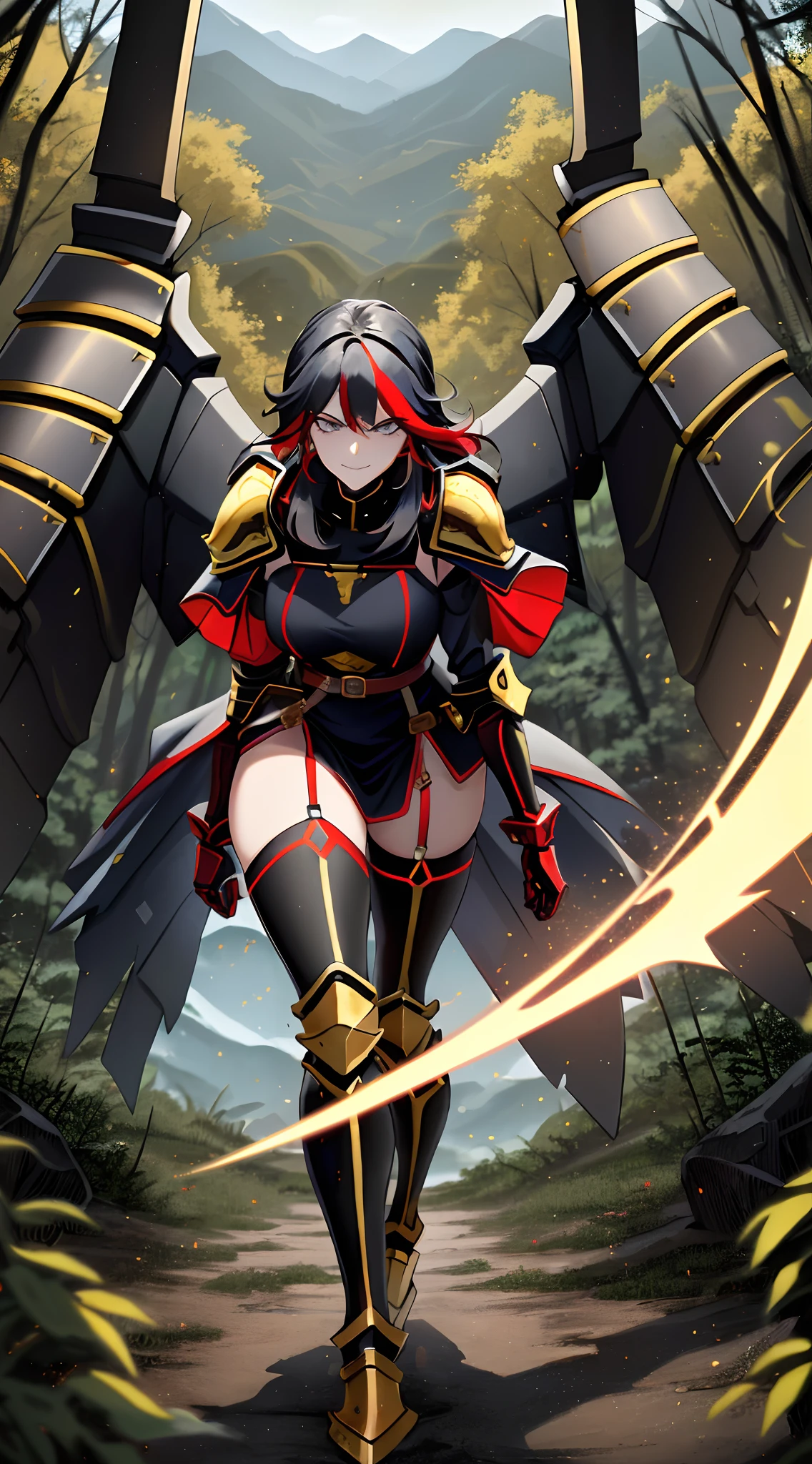 ((Masterpiece, Best Quality)): 1Girl, Princess Ryuko matoi wearing Heavy red black and gold Knight Armor, heavy mech armor, cyber armor red and black, gold belt, heavy red black dress, long hair, long tapered red dress with gold and black highlights, princess armor, long flowing black dress with red highlights and gold waist belt, red mechsuit, looking at viewer at eye-level, full-body, forest background, forest background with large mountains, heavy armored black gold and red dress, looking at viewer with closed smirk, black knight shoulder pauldrons, heavily armored black knight helmet