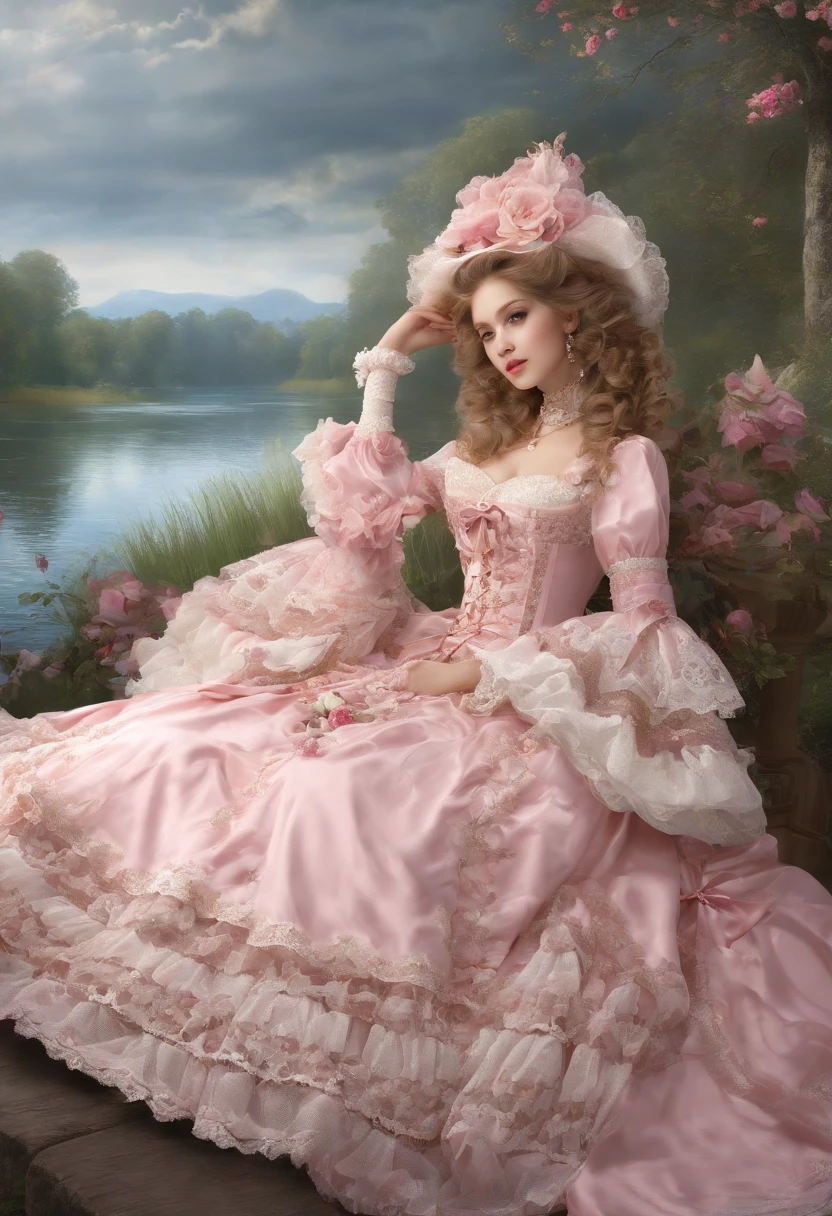 (lingerie:1.3),Pink and white dress, Takanobu Fujiwara(Takanobu Fujiwara)Digital rendering inspired by, pixiv, rococo, Victoria Gothic ta Fashion, Lolityle, Rococo Queen (Rococo Queen) (Rococo Queen (Rococo Queen)) (Rococo Queen (Rococo Queen) (Rococo Queen (Rococo Queen))) , rococo dress, lolita fon, one-piece,She sat by the lake in the rain,