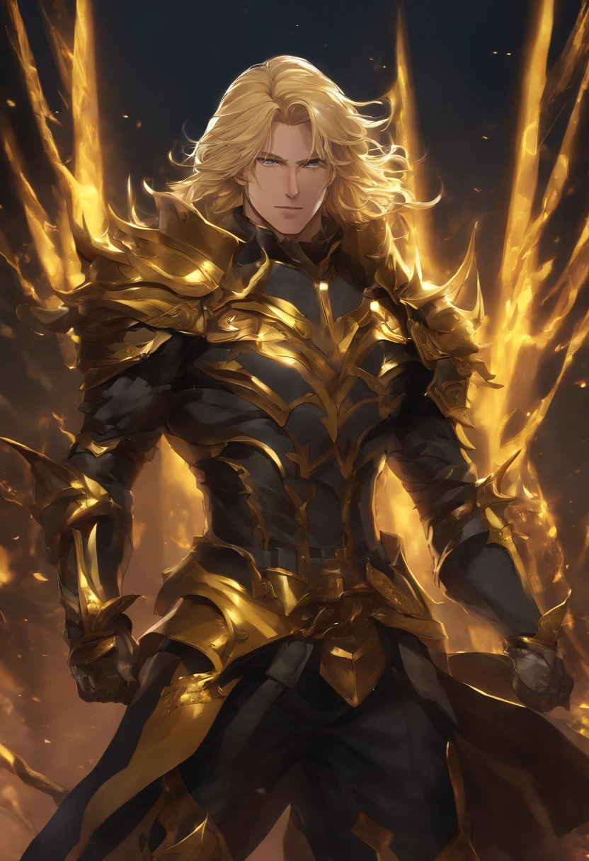 anime boy blonde long hair, Yellow Pupils, muscle body, rogue suit dark souls, trident in hands