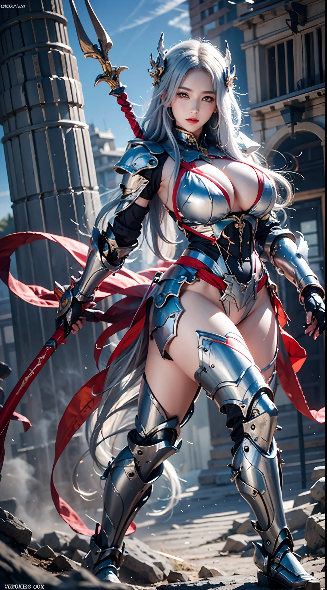 Silver Dragon Queen, Dragon spearman pose, huge boob, Mecha heavy armor, cleanness, standing, Thick body, muscle abs.