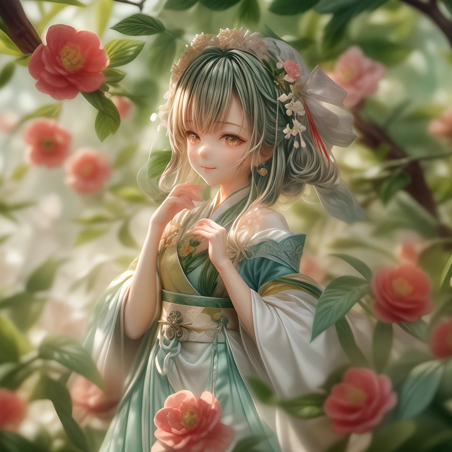Angle,(A cute girl,Single,anatomy correct,full bodyesbian,Masterpiece camellia,Representative work Hanfu,ssmile),(illustratio,paper art,3Drenderingof),(plethora of colors,Best quality,high detal,tmasterpiece,Cinematic lighting effects,4K,Chiaroscuro)