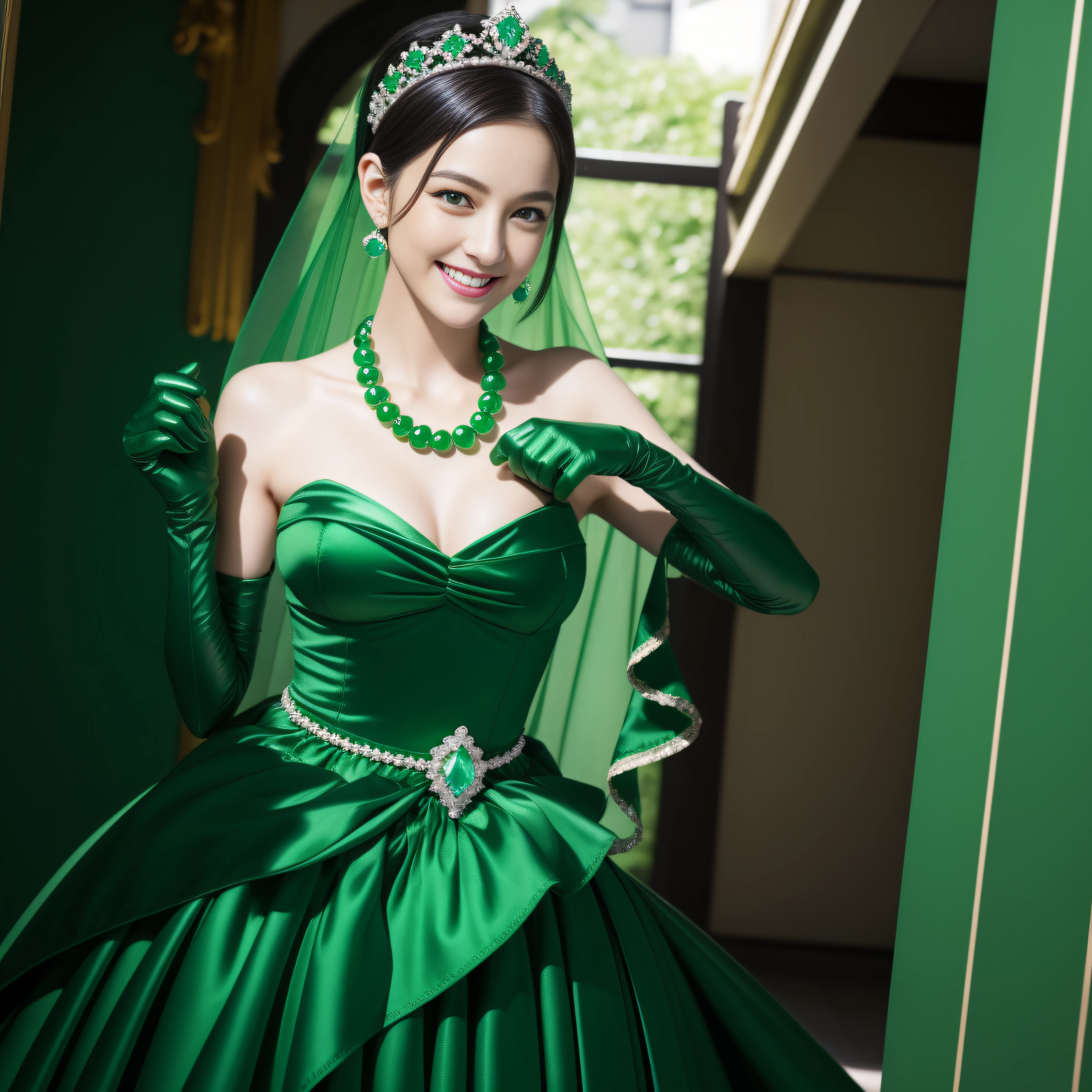 emerald tiara, Green Pearl Necklace, Boyish very short black hair, lipsticks, Japan woman smiling, very short short hair, big breasts beautiful, Green eyes, Long green gloves made of satin material, Green eyes, Emerald Earrings