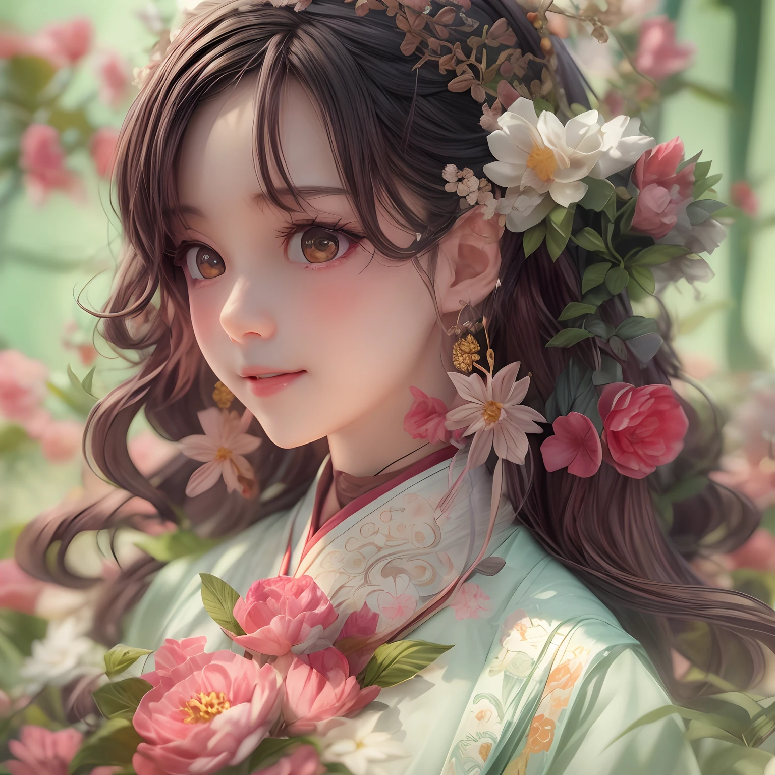 Movie Angle，（A single cute girl，anatomy correct，full bodyesbian，Masterpiece camellia，Masterpiece Hanfu，ssmile），（illustratio，paper art，3Drenderingof），（plethora of colors，Best quality，high detal，tmasterpiece，Cinematic lighting effects，4K，Chiaroscuro）