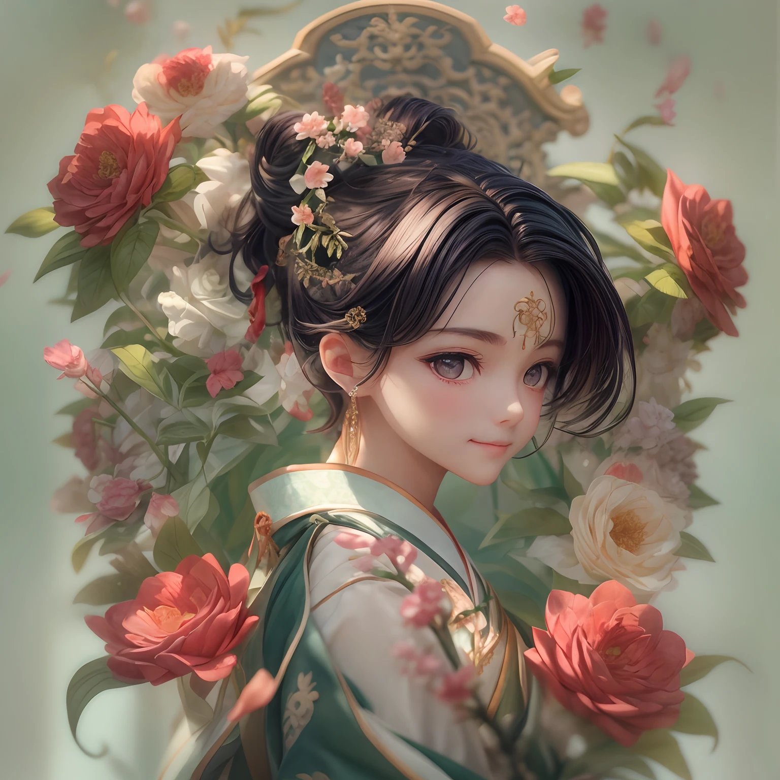 Angle,(A cute boy,Single,anatomy correct,full bodyesbian,Masterpiece camellia,Representative work Hanfu,ssmile),(illustratio,paper art,3Drenderingof),(plethora of colors,Best quality,high detal,tmasterpiece,Cinematic lighting effects,4K,Chiaroscuro)