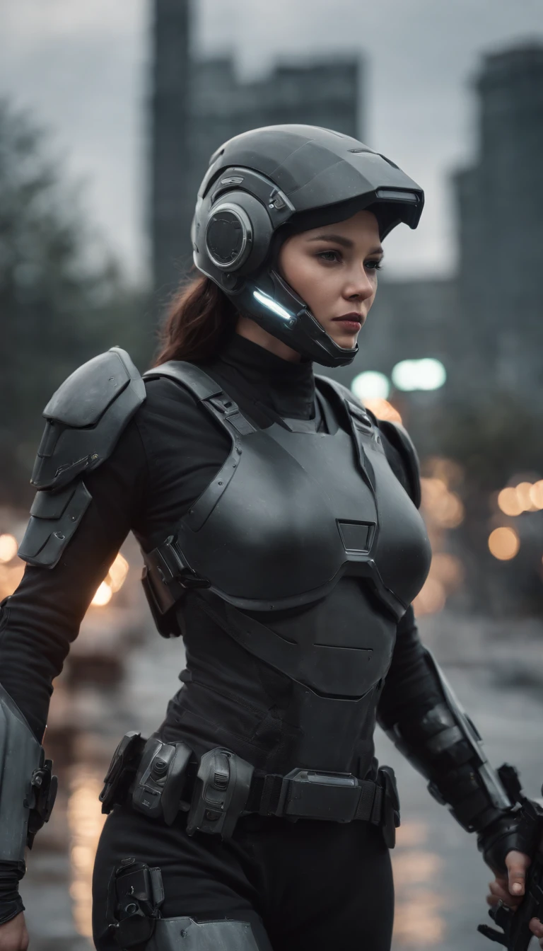 black armed female figure in sci-fi battle armor with cybernetic helmet, aiming on one knee, mask, sci-fi visor, bald head, armed figure, weapon in hand, aiming, plate armor, insulated armor, spacesuit, lots of small details, sci-fi movie style, on a ruined city street, overcast, photography, natural textures, natural light, natural blur, photorealism, cinematic rendering, ray tracing, highest quality, highest detail, Cinematic, Third-Person View, Blur Effect, Long Exposure, 8K, Ultra-HD, Natural Lighting, Moody Lighting, Cinematic Lighting --q 2 --ar 9:16