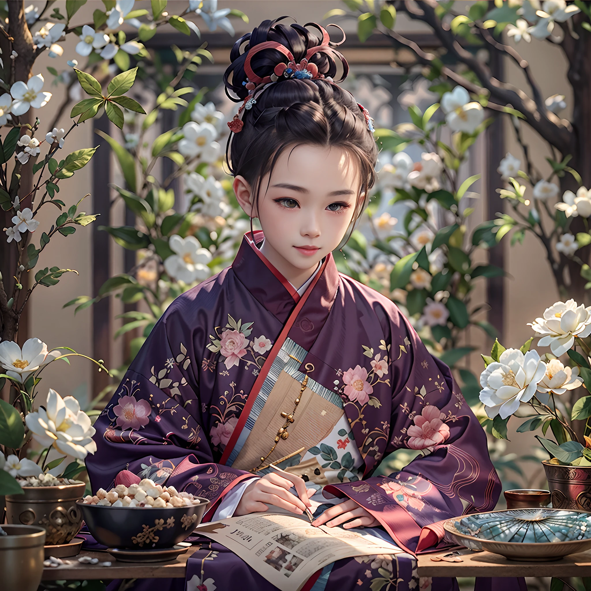 Movie Angle,(A cute little boy single anatotically correct,full bodyesbian,Masterpiece camellia,Representative work Hanfu,ssmile),(illustratio,paper art,3Drenderingof),(plethora of colors,Best quality,high detal,tmasterpiece,Cinematic lighting effects,4K,Chiaroscuro)