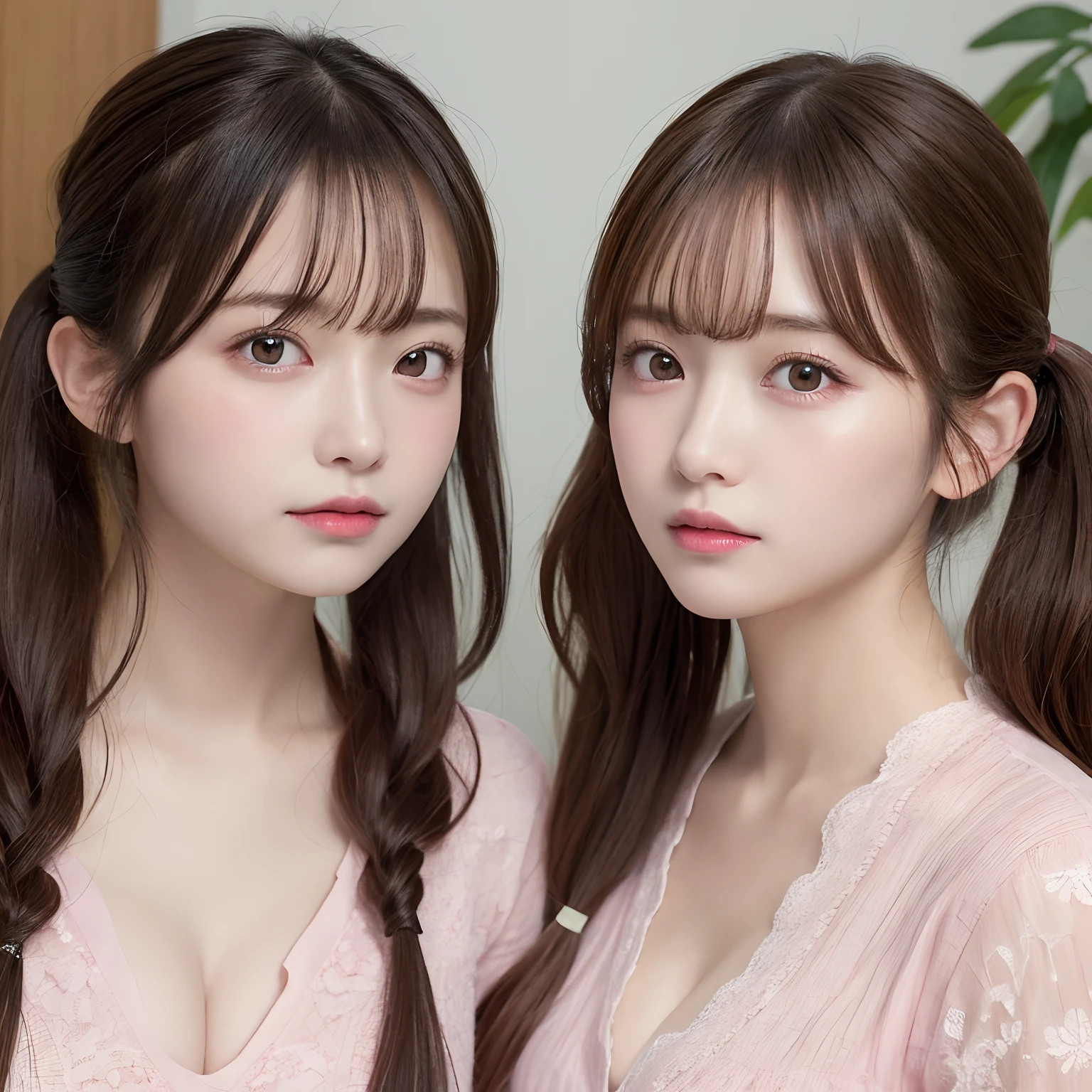 2 girls in、masutepiece, Best Quality, Illustration, Ultra-detailed, finely detail, hight resolution, 8K Wallpaper, Perfect dynamic composition, Beautiful detailed eyes,  Natural Lip,pink,blouse、 cleavage, up of face、,Swaying hair、twintails hair, Looking up at me、