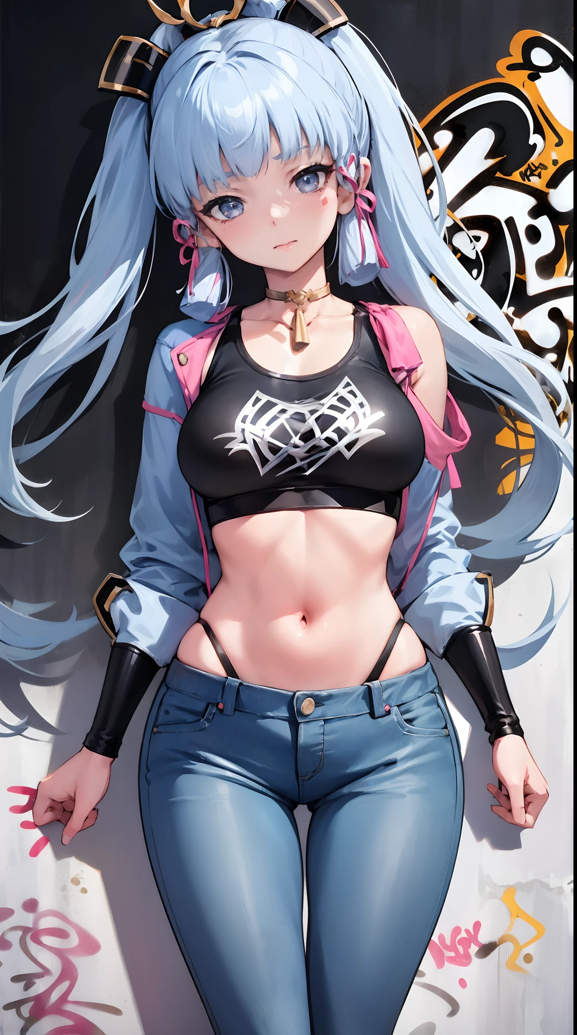kamisato ayaka|genshin impact, master-piece, bestquality, 1girls,25 years old, proportional body, elongated legs, Beautiful, proportional., crop top, Long Jeans, mediuml breasts, ,bara, crop top, choker, (Graffiti:1.5), Splash with purple lightning pattern., arm behind back, against wall, View viewers from the front., Thigh strap, Head tilt, bored,