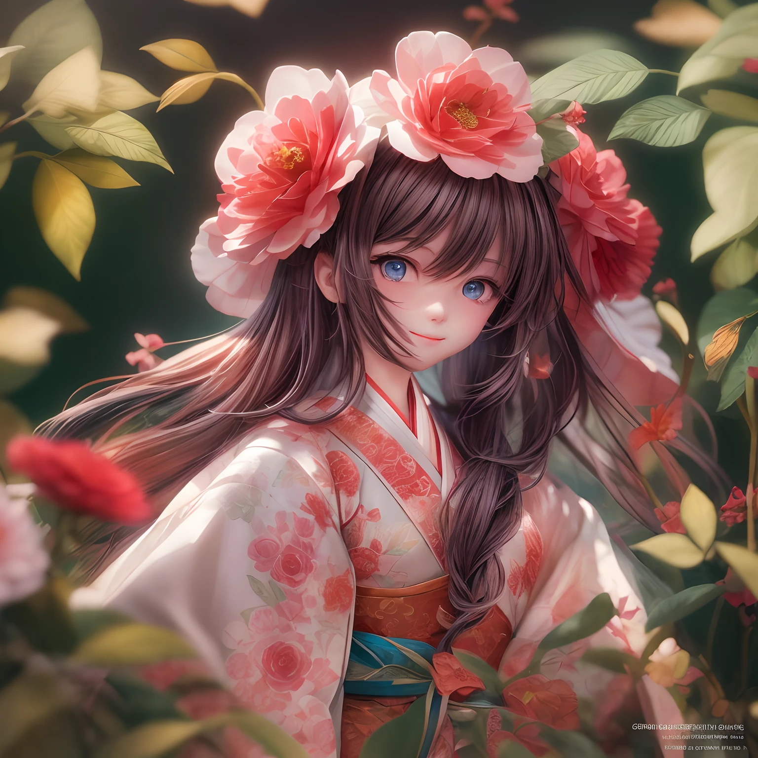 Movie Angle,(A cute girl,Single,anatomy correct,full bodyesbian,Masterpiece camellia,Representative work Hanfu,ssmile),(illustratio,paper art,3Drenderingof),(plethora of colors,Best quality,high detal,tmasterpiece,Cinematic lighting effects,4K,Chiaroscuro)