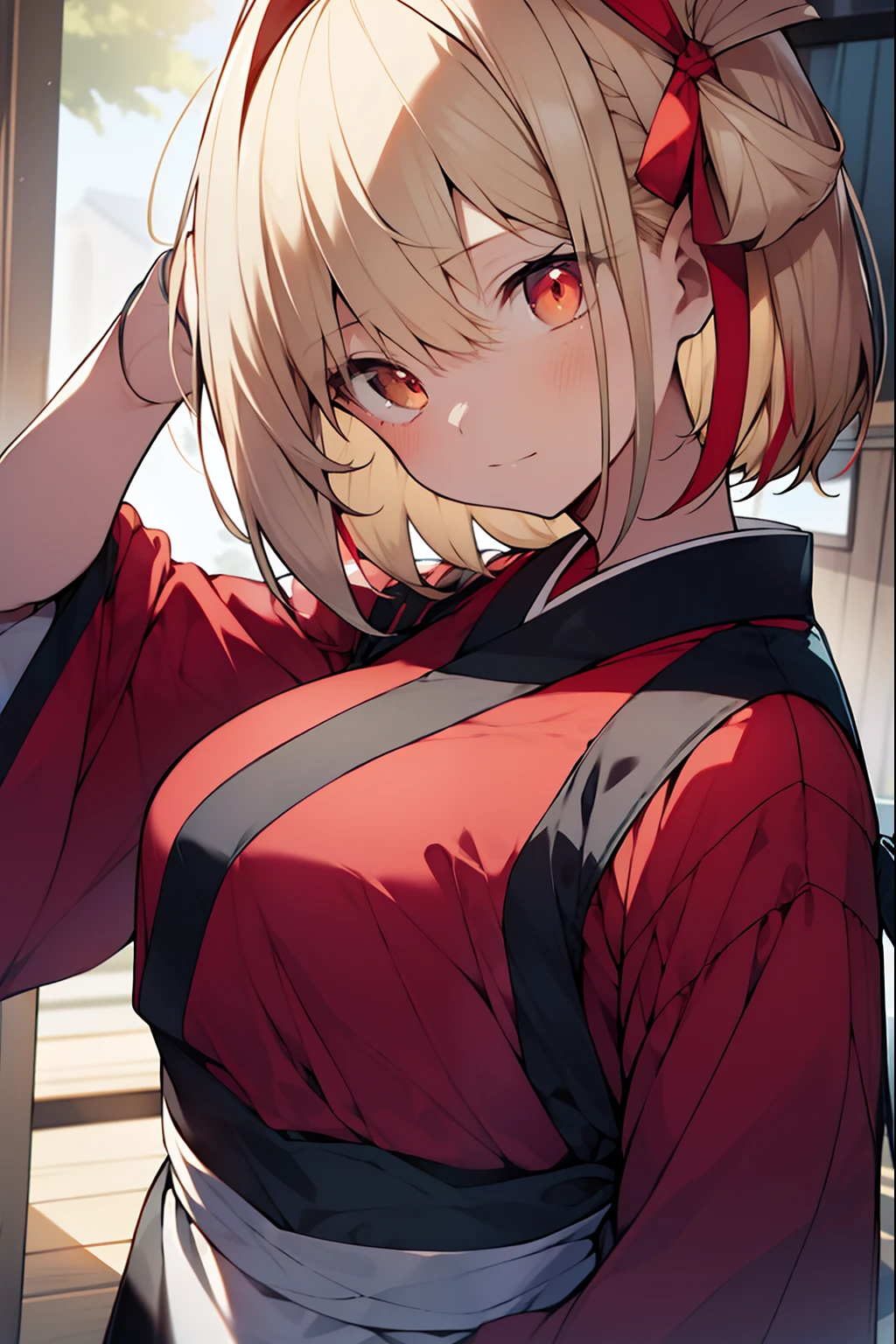 chisatonishikigi, nishikigi chisato, short hair, bangs, blonde hair, (red eyes:1.5), hair ribbon, one side up, bob cut,
BREAK japanese clothes, kimono, apron, red ribbon, waitress, red kimono,
BREAK outdoors, track and field,
BREAK looking at viewer, BREAK (masterpiece:1.2), best quality, high resolution, unity 8k wallpaper, (illustration:0.8), (beautiful detailed eyes:1.6), extremely detailed face, perfect lighting, extremely detailed CG, (perfect hands, perfect anatomy),