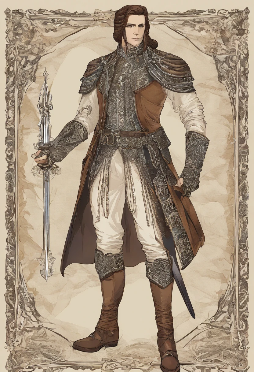 Ottoman cavalry dress，male people，long white pants，Deerskin booties，with short brown hair，Sepia pupils，white backgrounid，Delicate facial features
