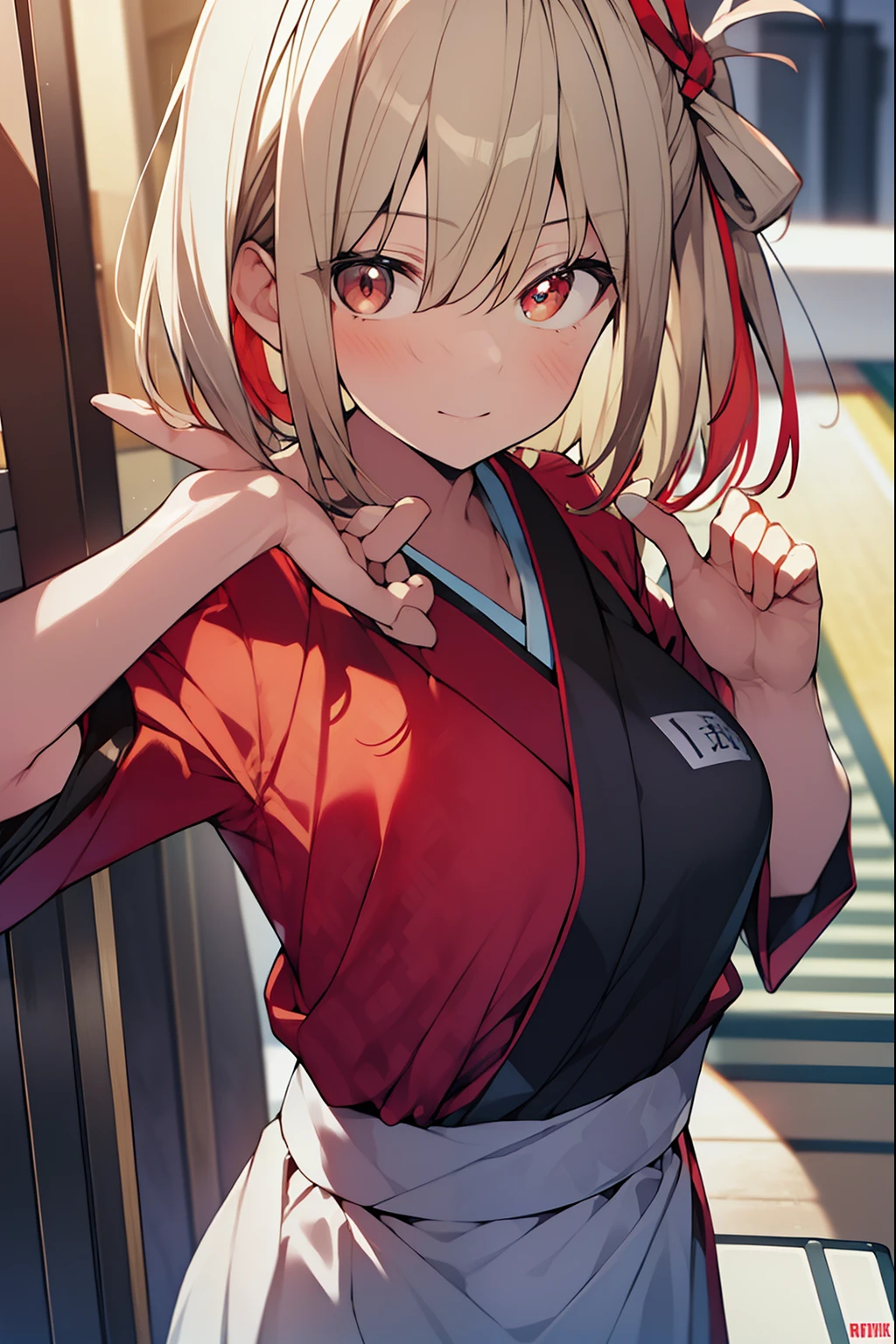 chisatonishikigi, nishikigi chisato, short hair, bangs, blonde hair, (red eyes:1.5), hair ribbon, one side up, bob cut,
BREAK japanese clothes, kimono, apron, red ribbon, waitress, red kimono,
BREAK outdoors, track and field,
BREAK looking at viewer, BREAK (masterpiece:1.2), best quality, high resolution, unity 8k wallpaper, (illustration:0.8), (beautiful detailed eyes:1.6), extremely detailed face, perfect lighting, extremely detailed CG, (perfect hands, perfect anatomy),