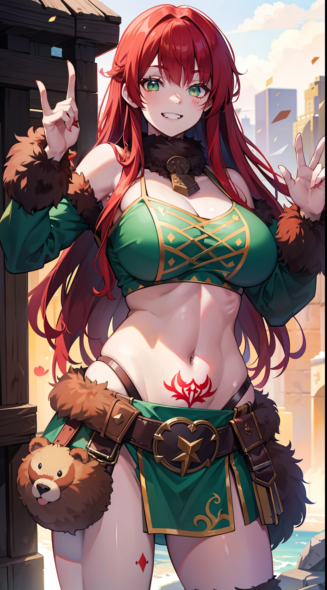 young girl, long curly red hair, Green eyes, large breasts, musculature, barbarian, Smile, teeth, Futhark tattoo, Dressed in a bearskin, Sleeves, open belly, open breasts, Masterpiece, hiquality, 4k, HD, Good detail