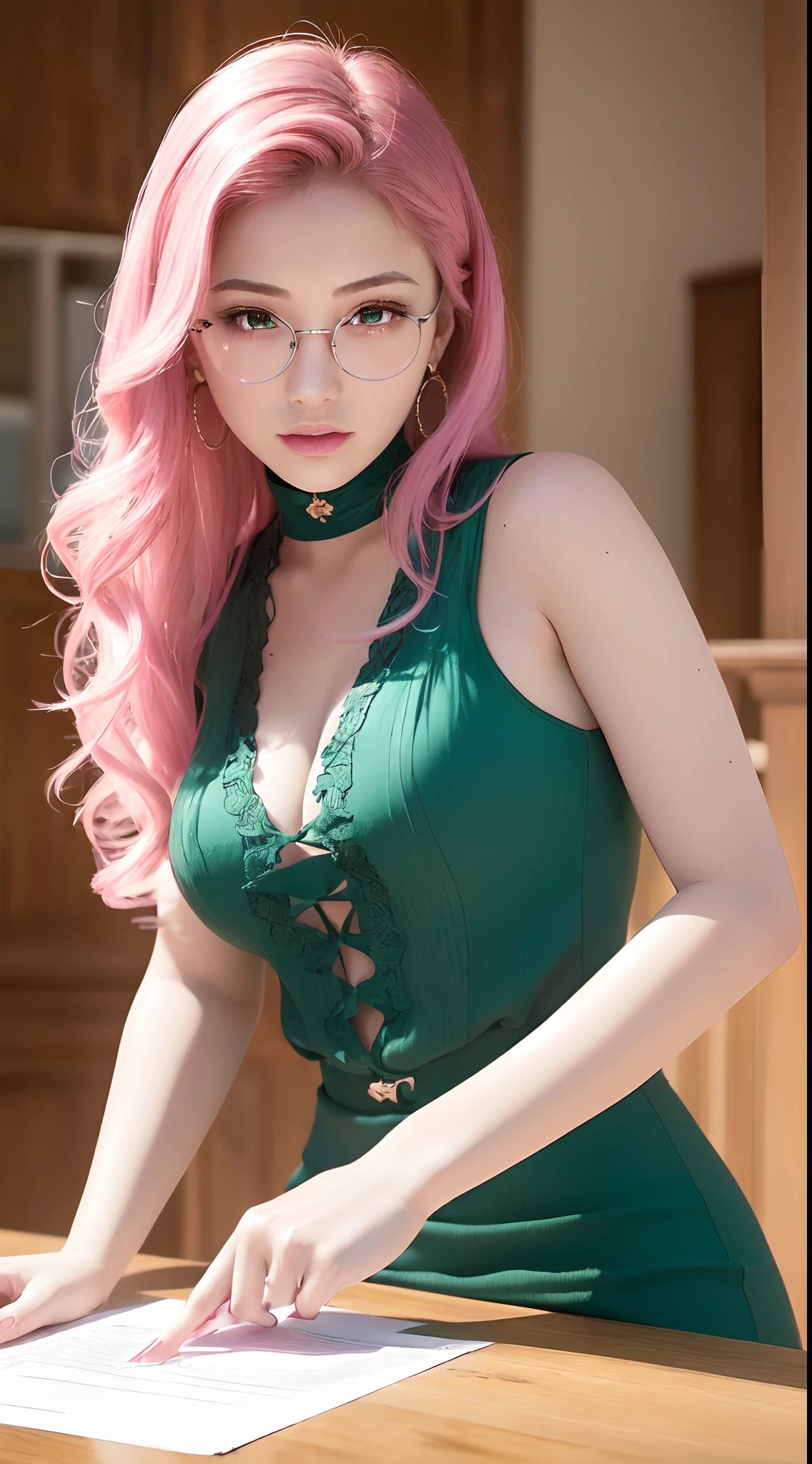 clew: (Best quality,32K,A high resolution,Masterpiece:1.2),Ultra-detailed,(Realistic,Photorealistic,photo-realistic:1.37),Green clover hair,detailed hairs,Detailed eyes,Metal glasses frame,Tempting eyeballs,Reflective,Plump pink lips,Heart-shaped earrings,smiling expression,Pink translucent maxi dress,Lie on the table,one-girl。
Solve it in a timely manner: (Best quality, 32K, A high resolution, Masterpiece:1.2), Ultra-detailed, (Realistic,Photorealistic,photo-realistic:1.37), Green clover hair, Detailed hair strands, intricately detailed eyes, Metal spectacle frames, a captivating gaze, Reflective, sweet pink lips, Heart-shaped earrings, smiling expression, Floor-to-ceiling translucent pink dress, Leaning on the table, A girl.