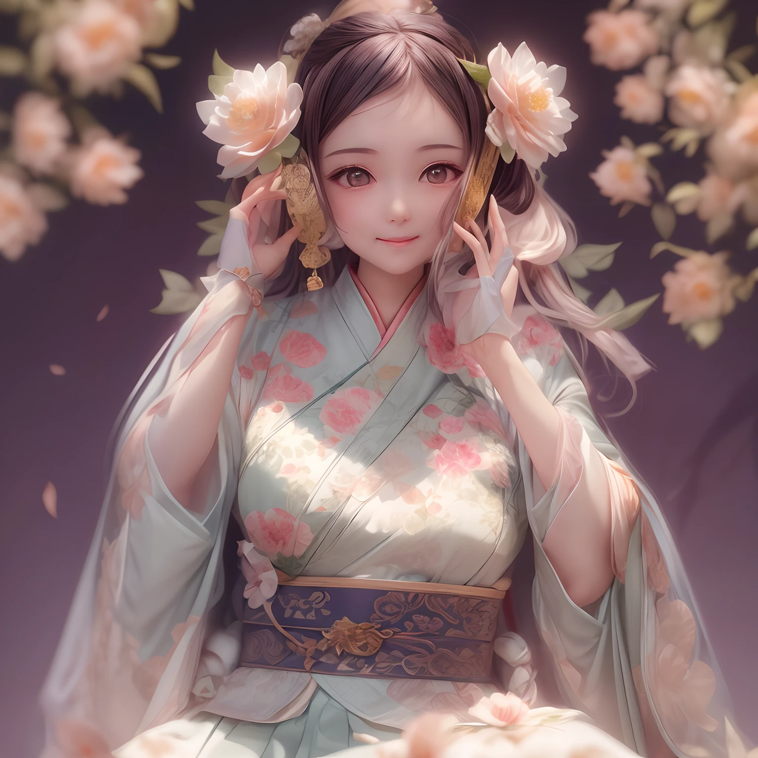 Angle,(A single cute girl,anatomy correct,full bodyesbian,Masterpiece camellia,Masterpiece Hanfu,ssmile),(illustratio,paper art,3Drenderingof),(plethora of colors,Best quality,high detal,tmasterpiece,Cinematic lighting effects,4K,Chiaroscuro)