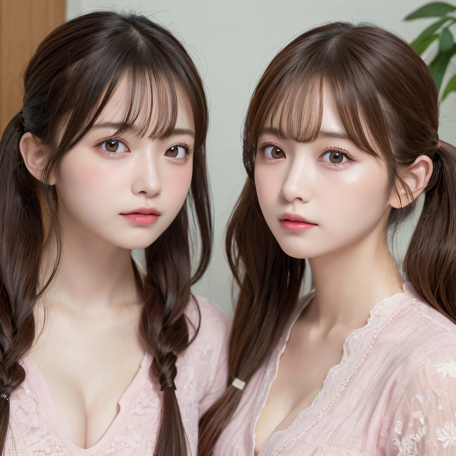 2 girls in、masutepiece, Best Quality, Illustration, Ultra-detailed, finely detail, hight resolution, 8K Wallpaper, Perfect dynamic composition, Beautiful detailed eyes, Natural Lip,pink,blouse、 cleavage, up of face、,Swaying hair、twintails hair, Looking up at me、