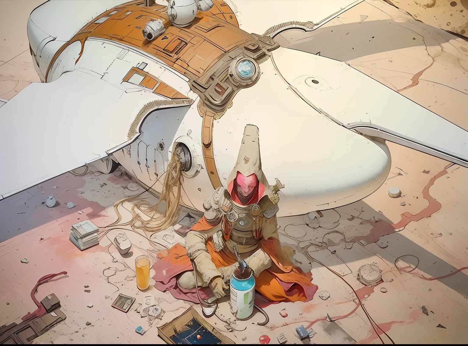 spaceship before a pink-golden planet positive black and blood-red multi color Speedpaint with large brush strokes by , Junji Ito, Ismail Inceoglu, , Gazelli, M.W. Kaluta, richard anderson, paint splatter, white and red ink, a masterpiece, 24k resolution, trending on artstation, horror, terrifying, highly detailed and intricate, in the style of Jean Giraud