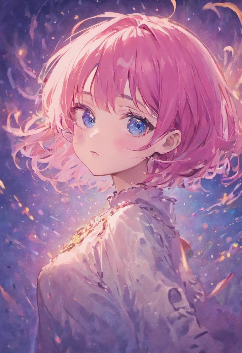 (best quality, masterpiece), 1girl, beautiful girl, blue_eyes, ((hair color [Pink hair], [pixie cut with bangs] hair)), earrings, lips, short sleeves,realistic, narrow waist, charming, fair skin, (cute), (detailed face), detailed eyes, detailed iris,