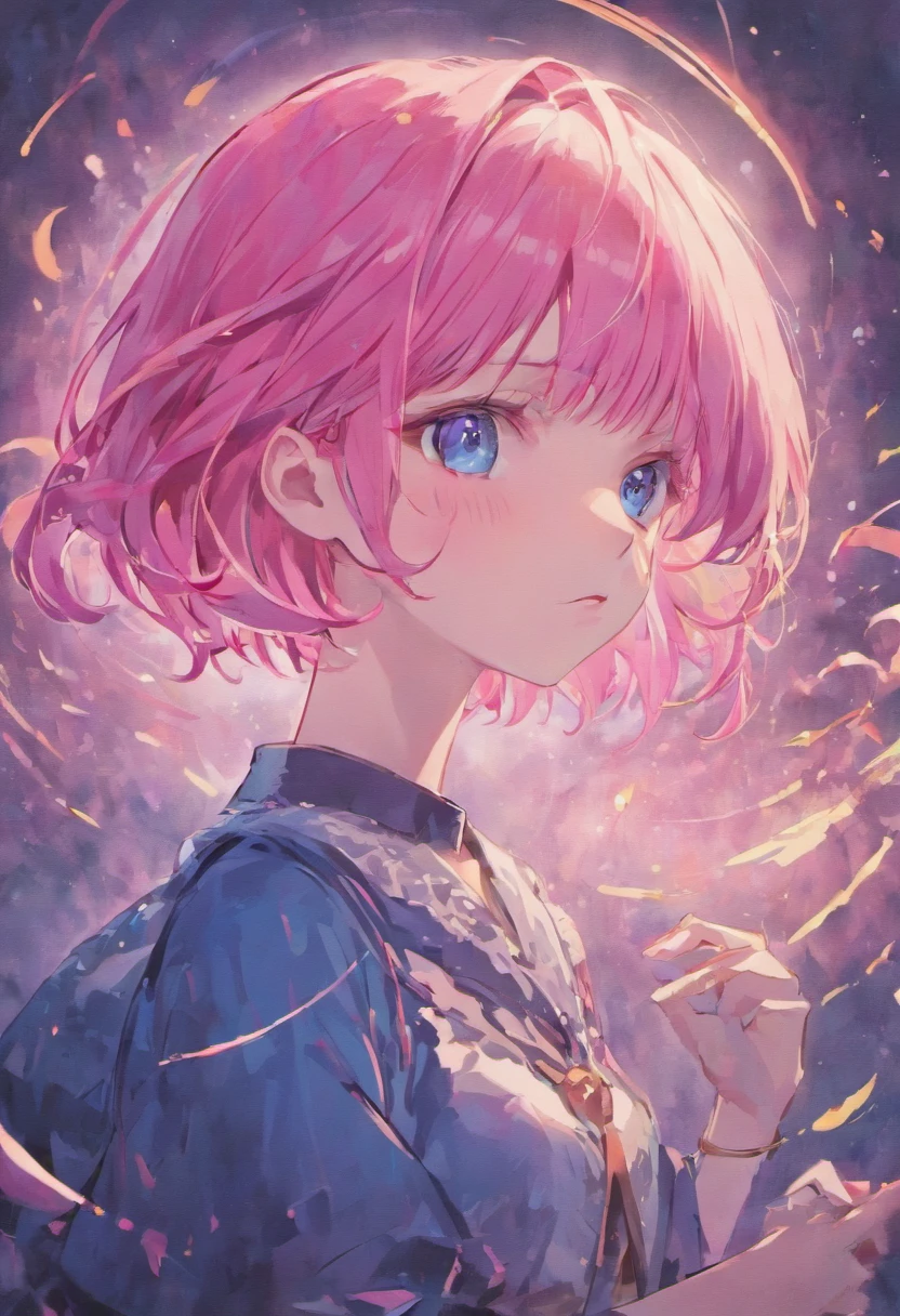 (best quality, masterpiece), 1girl, beautiful girl, blue_eyes, ((hair color [Pink hair], [pixie cut with bangs] hair)), earrings, lips, short sleeves,realistic, narrow waist, charming, fair skin, (cute), (detailed face), detailed eyes, detailed iris,