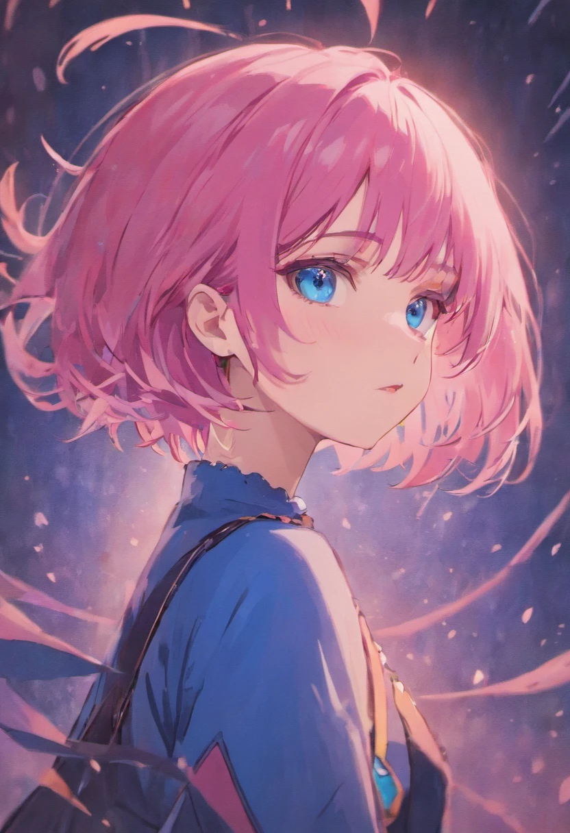 (best quality, masterpiece), 1girl, beautiful girl, blue_eyes, ((hair color [Pink hair], [pixie cut with bangs] hair)), earrings, lips, short sleeves,realistic, narrow waist, charming, fair skin, (cute), (detailed face), detailed eyes, detailed iris,