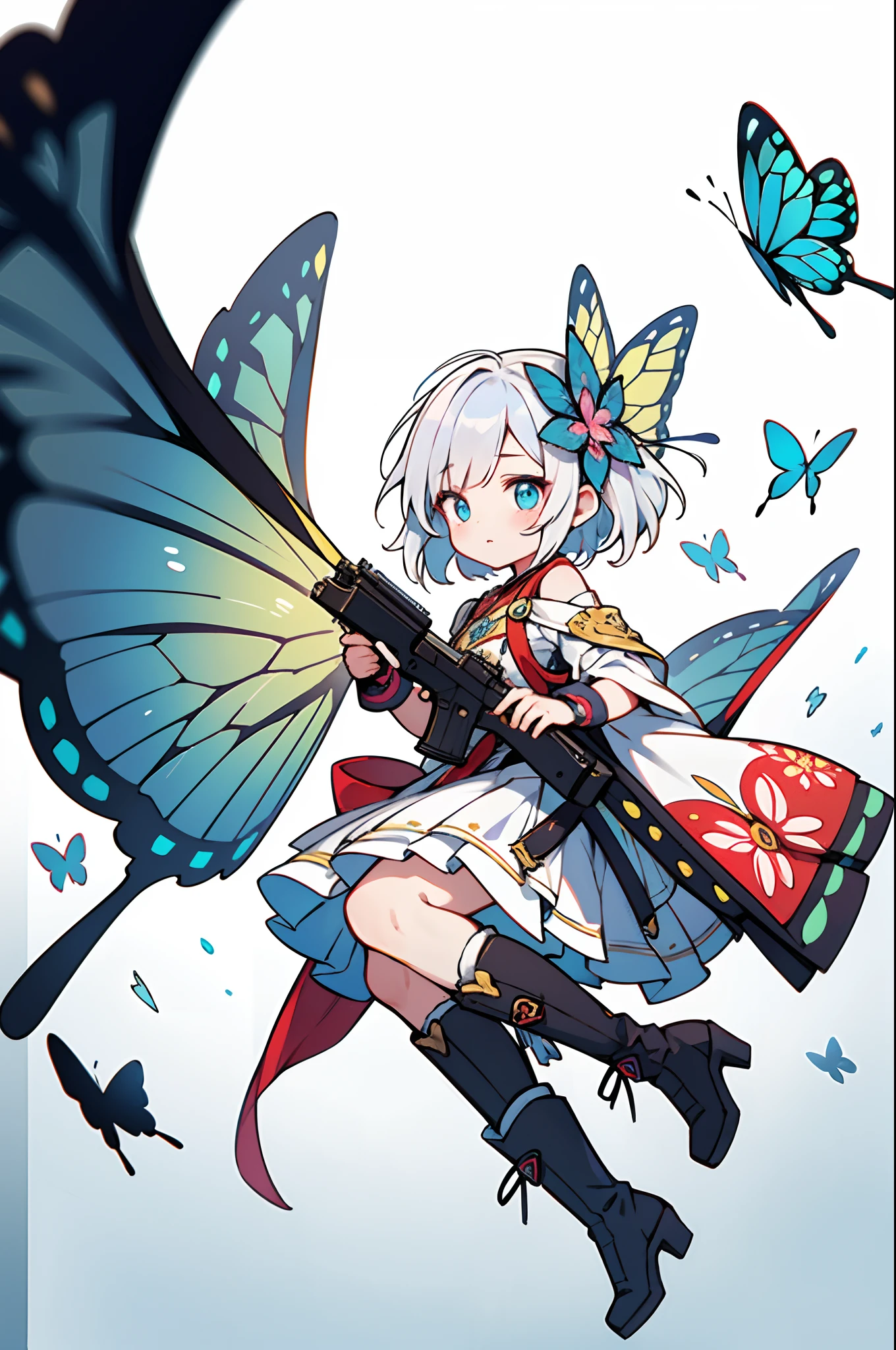 Octane Render、(Hyper-detailing: 1.15)、cinematic lightening、Taken from the side、Cute Fantasy Princess、Handgun shooting practice、Fine Pattern Pistol,long boots、ultradetailed eyes、Full Paint、(Floral hair ornament、butterfly hair ornament)、masutepiece、Anatomically correct、blur、depth of fields