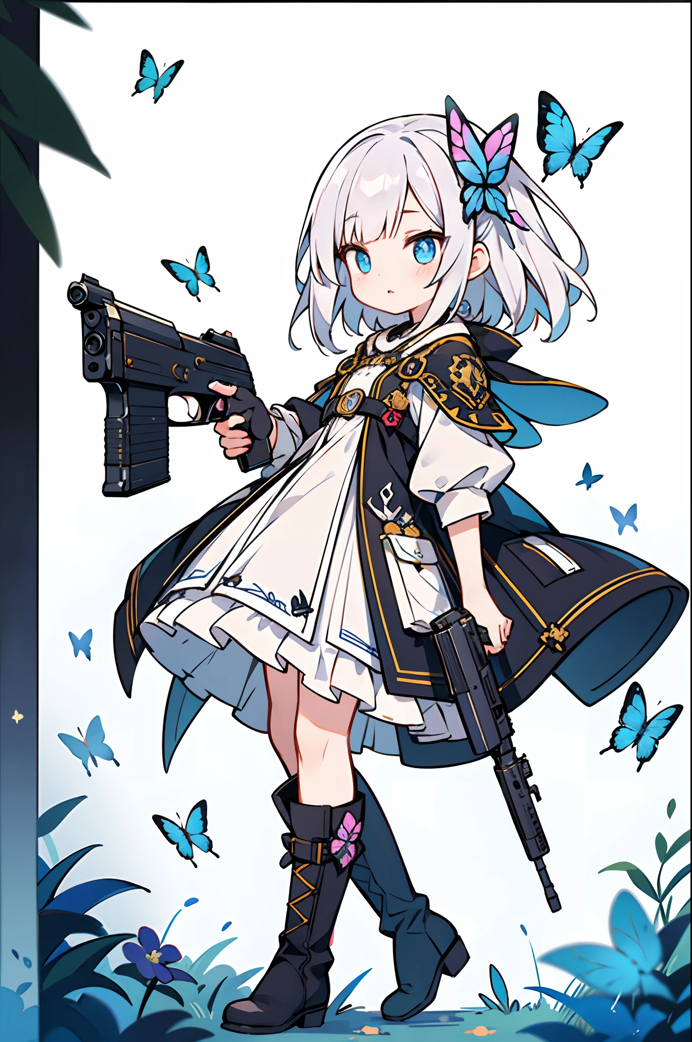 Octane Render、(Hyper-detailing: 1.15)、cinematic lightening、Taken from the side、Cute Fantasy Princess、Handgun shooting practice、Fine Pattern Pistol,long boots、ultradetailed eyes、Full Paint、(Floral hair ornament、butterfly hair ornament)、masutepiece、Anatomically correct、blur、depth of fields