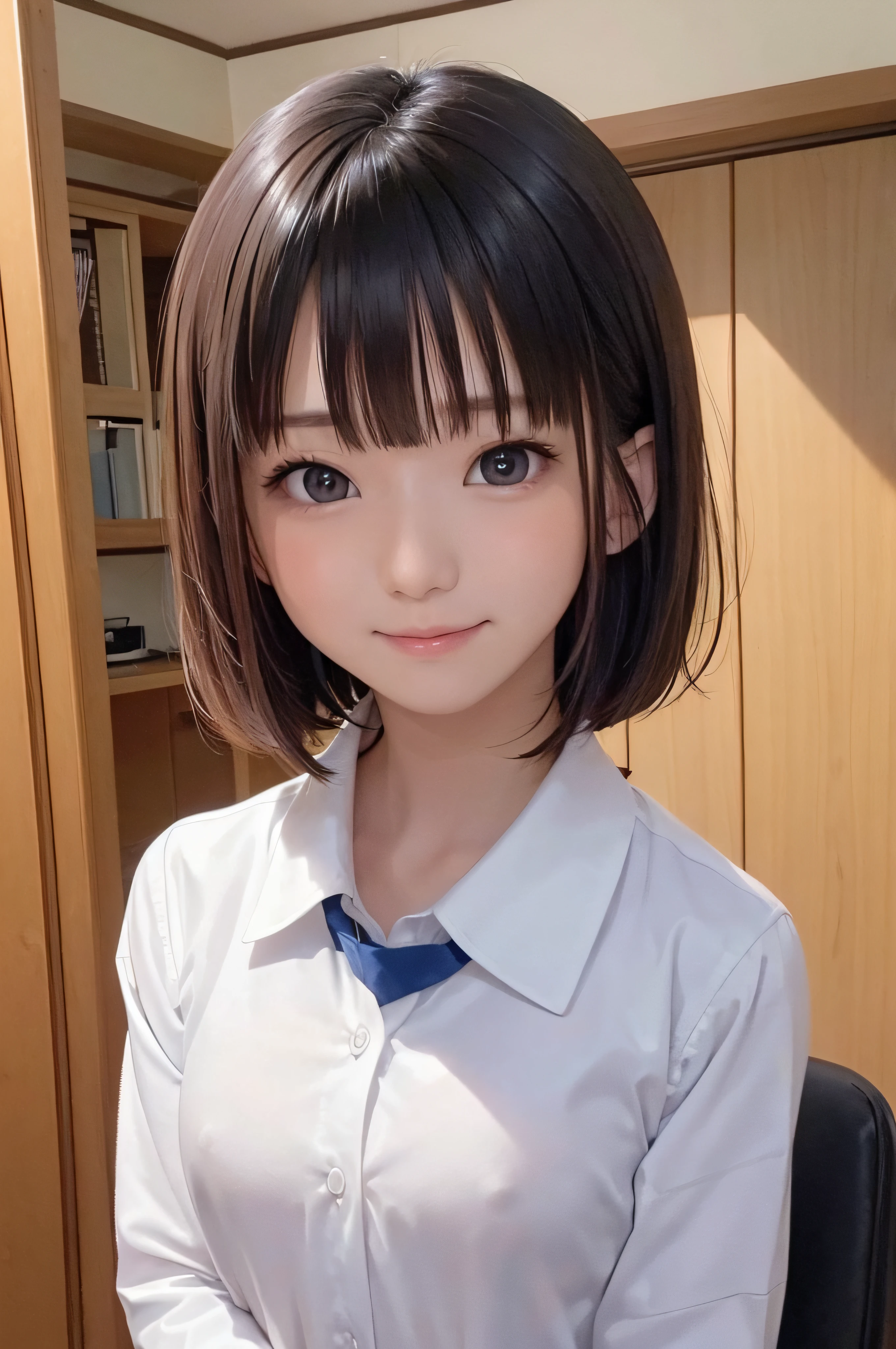 Completely immaculate background、White back、、soio、brown haired、beautidful eyes、real looking skin、A detailed eye、hi-school girl、small tits、tiny chest、(8K、masterpiece)、(reallistic、Photorealsitic)、top-quality、ighly detailed、The ultra-detailliert、Beautie、cute little、japanes、a smile、Close-up portrait、Healthy face、schools、School uniform、Cardigan、plaid skirts