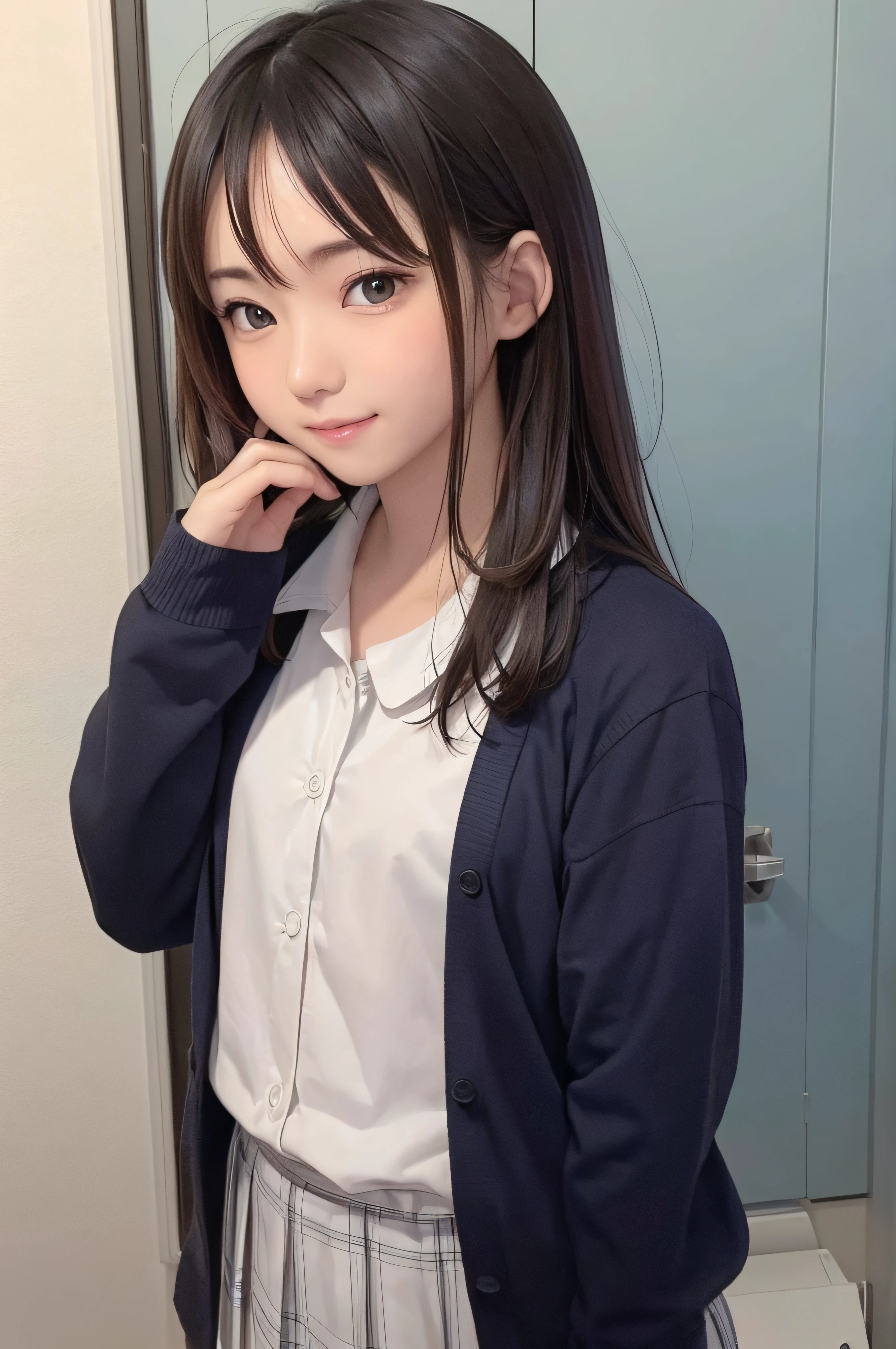 Completely immaculate background、White back、、soio、brown haired、beautidful eyes、real looking skin、A detailed eye、hi-school girl、small tits、tiny chest、(8K、masterpiece)、(reallistic、Photorealsitic)、top-quality、ighly detailed、The ultra-detailliert、Beautie、cute little、japanes、a smile、Close-up portrait、Healthy face、schools、School uniform、Cardigan、plaid skirts