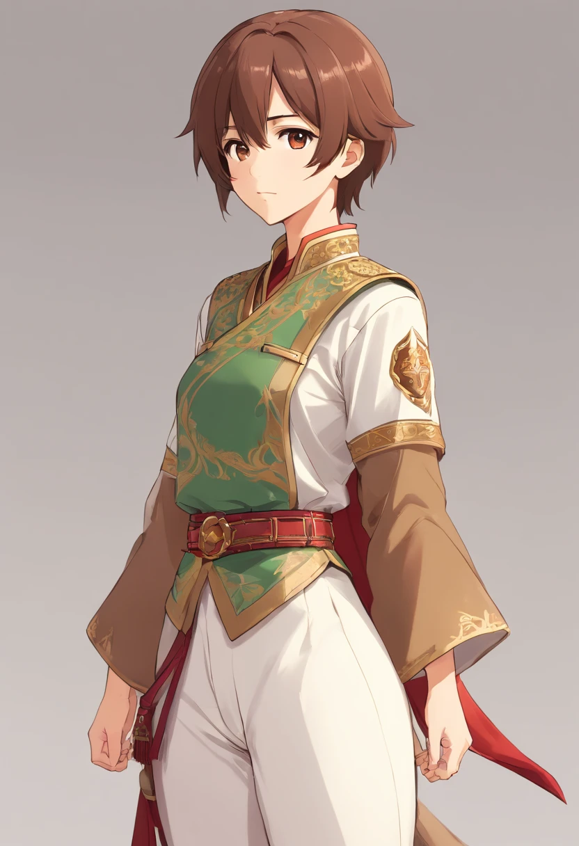 Ottoman cavalry dress,male people,shoun,nobles,Long white pants,Deerskin booties,with short brown hair,Sepia pupils,white backgrounid,Delicate facial features
